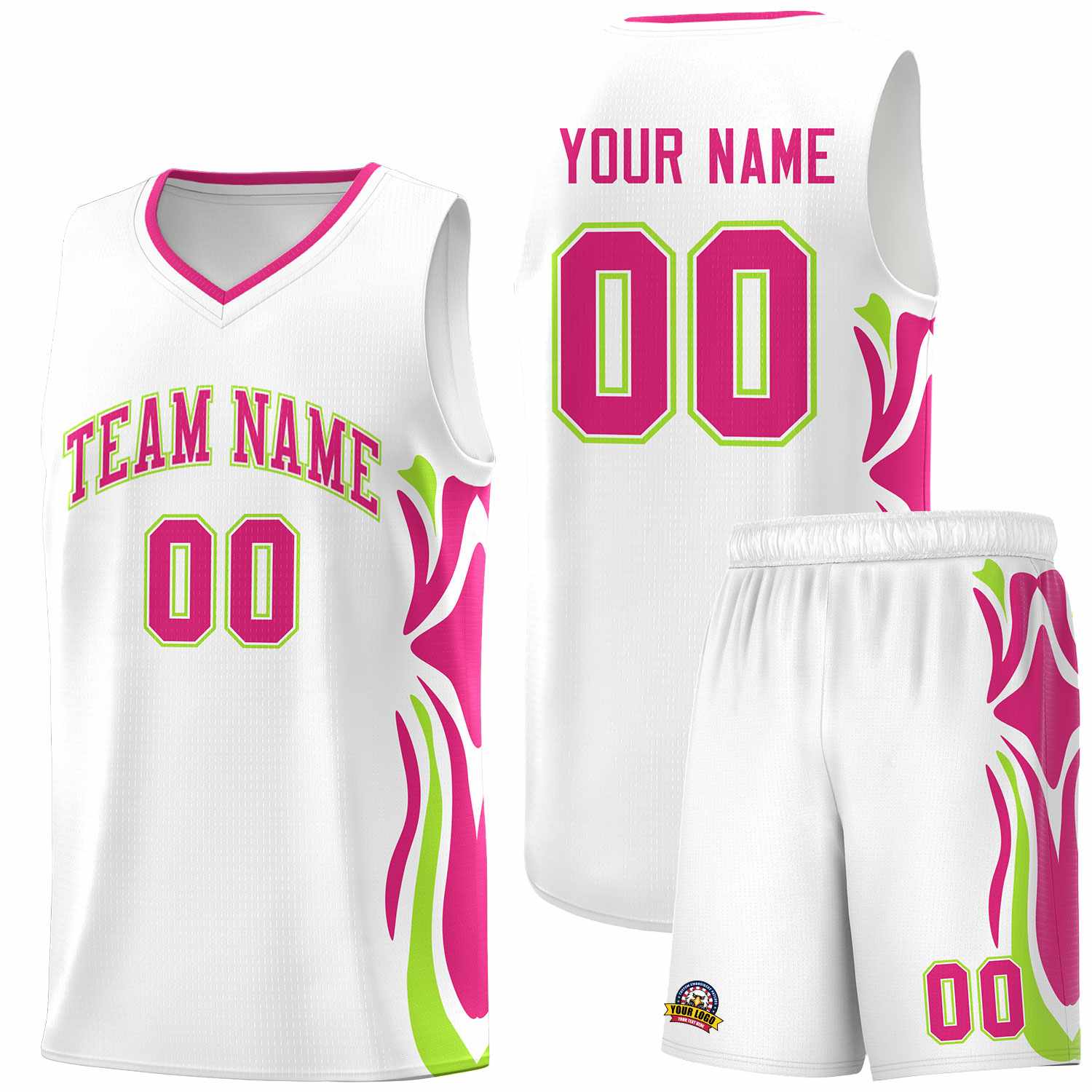 Custom White Pink-Light Green Graffiti Pattern Side Curve Pattern Sports Uniform Basketball Jersey Sets