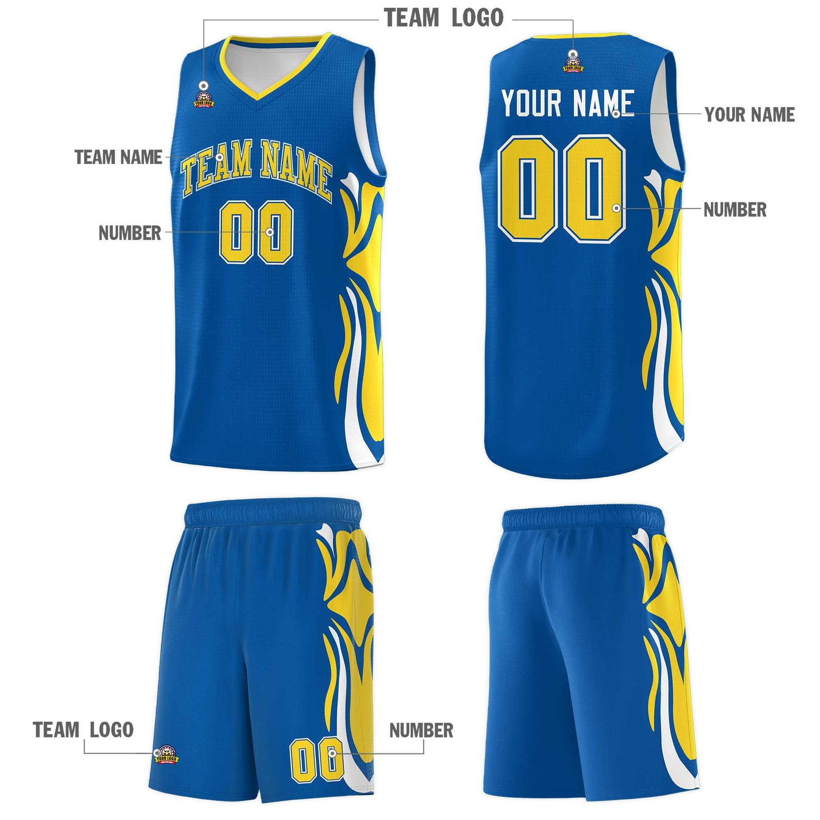 Custom Royal Gold-White Graffiti Pattern Side Curve Pattern Sports Uniform Basketball Jersey Sets