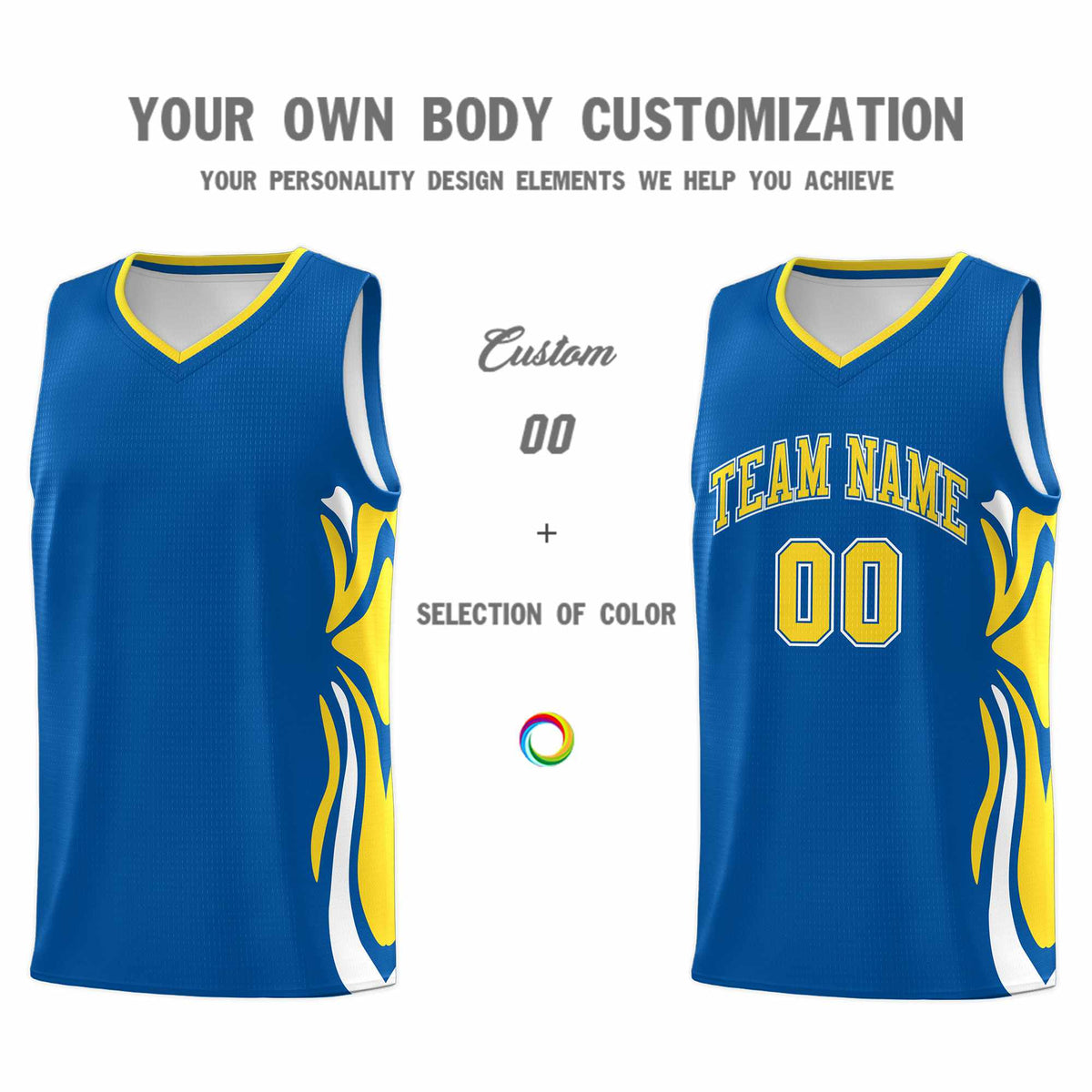 Custom Royal Gold-White Graffiti Pattern Side Curve Pattern Sports Uniform Basketball Jersey Sets