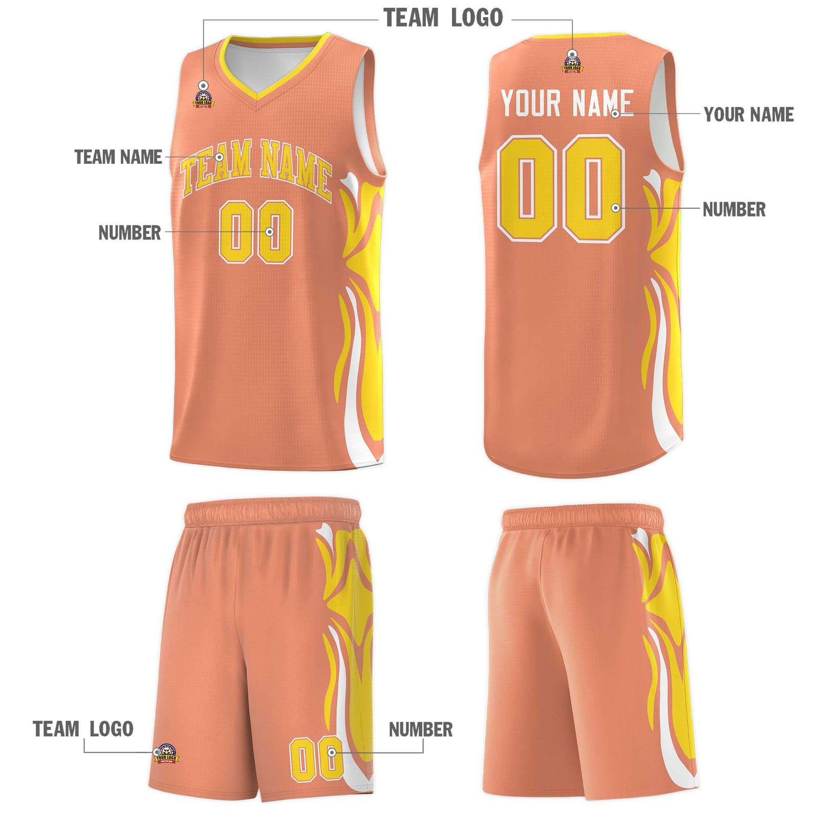 Custom Light Orange Gold-White Graffiti Pattern Side Curve Pattern Sports Uniform Basketball Jersey Sets