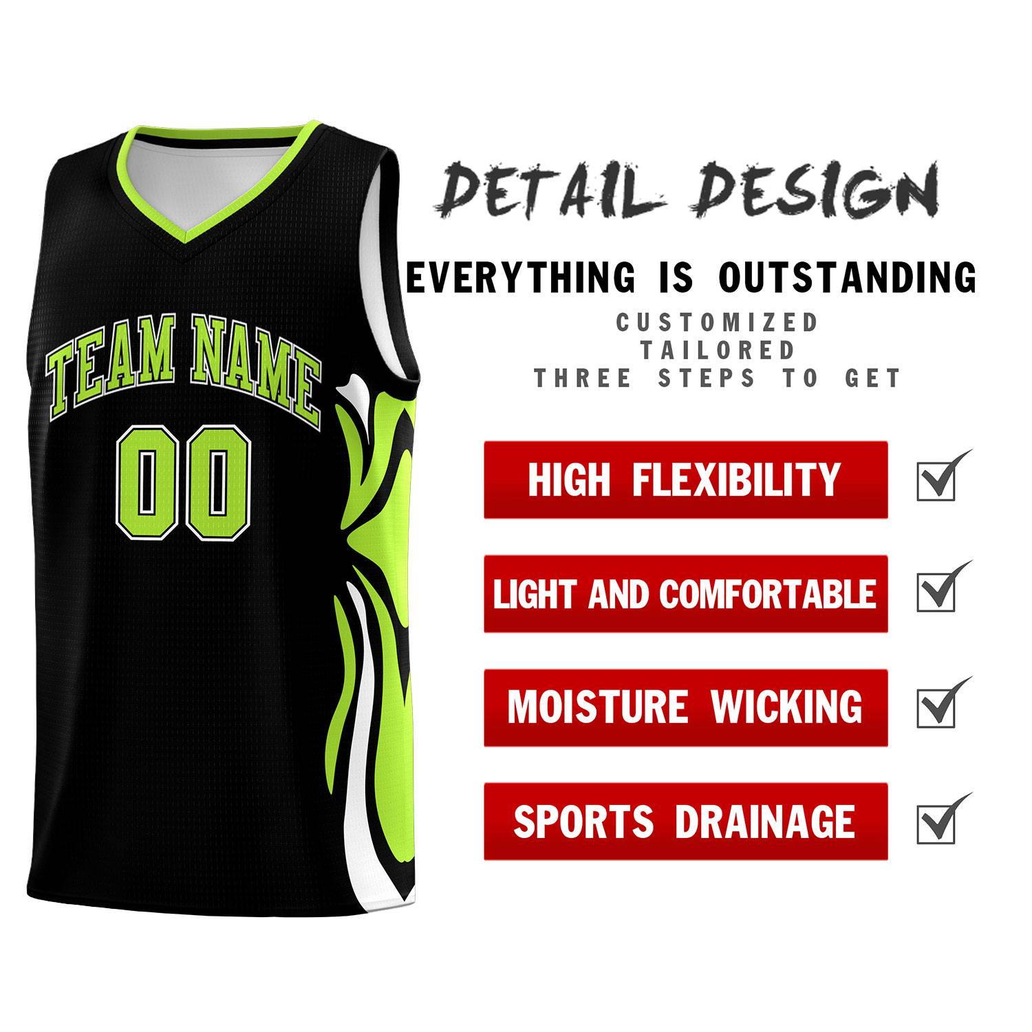 Custom Black Light Green-White Graffiti Pattern Side Curve Pattern Sports Uniform Basketball Jersey Sets