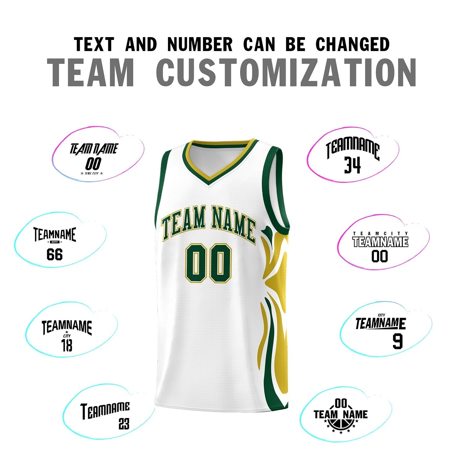 Custom White Green-Old Gold Graffiti Pattern Side Curve Pattern Sports Uniform Basketball Jersey Sets