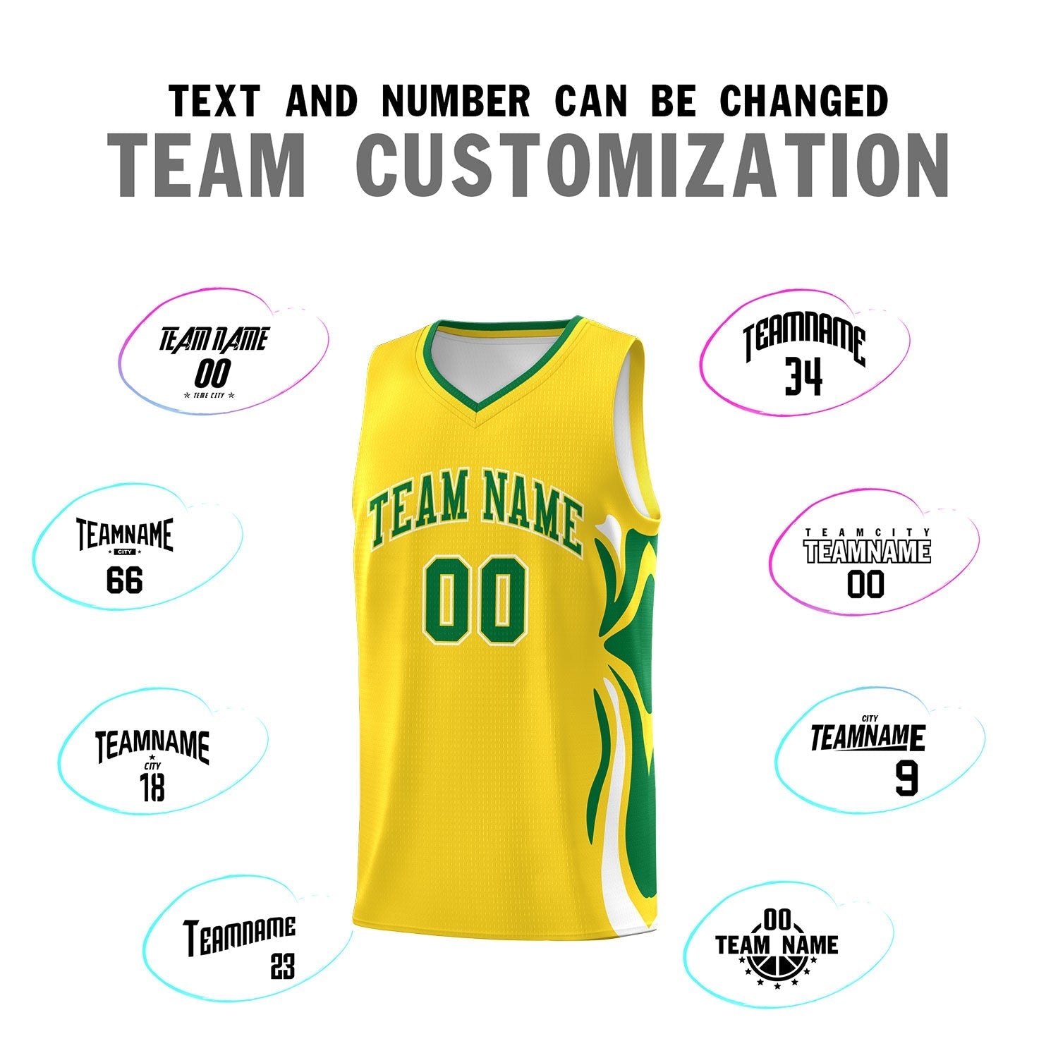 Custom Gold Kelly Green-White Graffiti Pattern Side Curve Pattern Sports Uniform Basketball Jersey Sets
