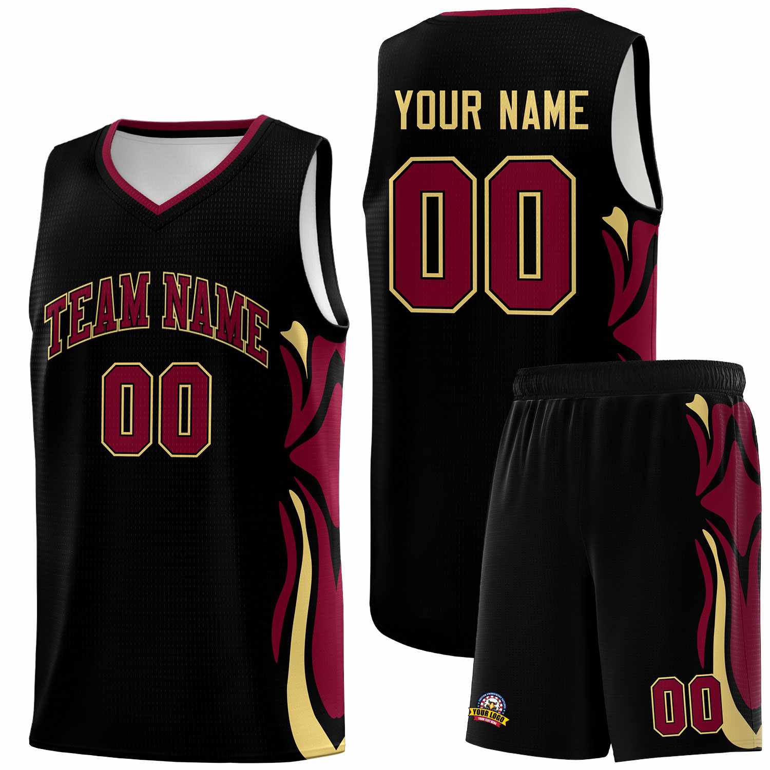 Custom Black Crimson-Khaki Graffiti Pattern Side Curve Pattern Sports Uniform Basketball Jersey Sets