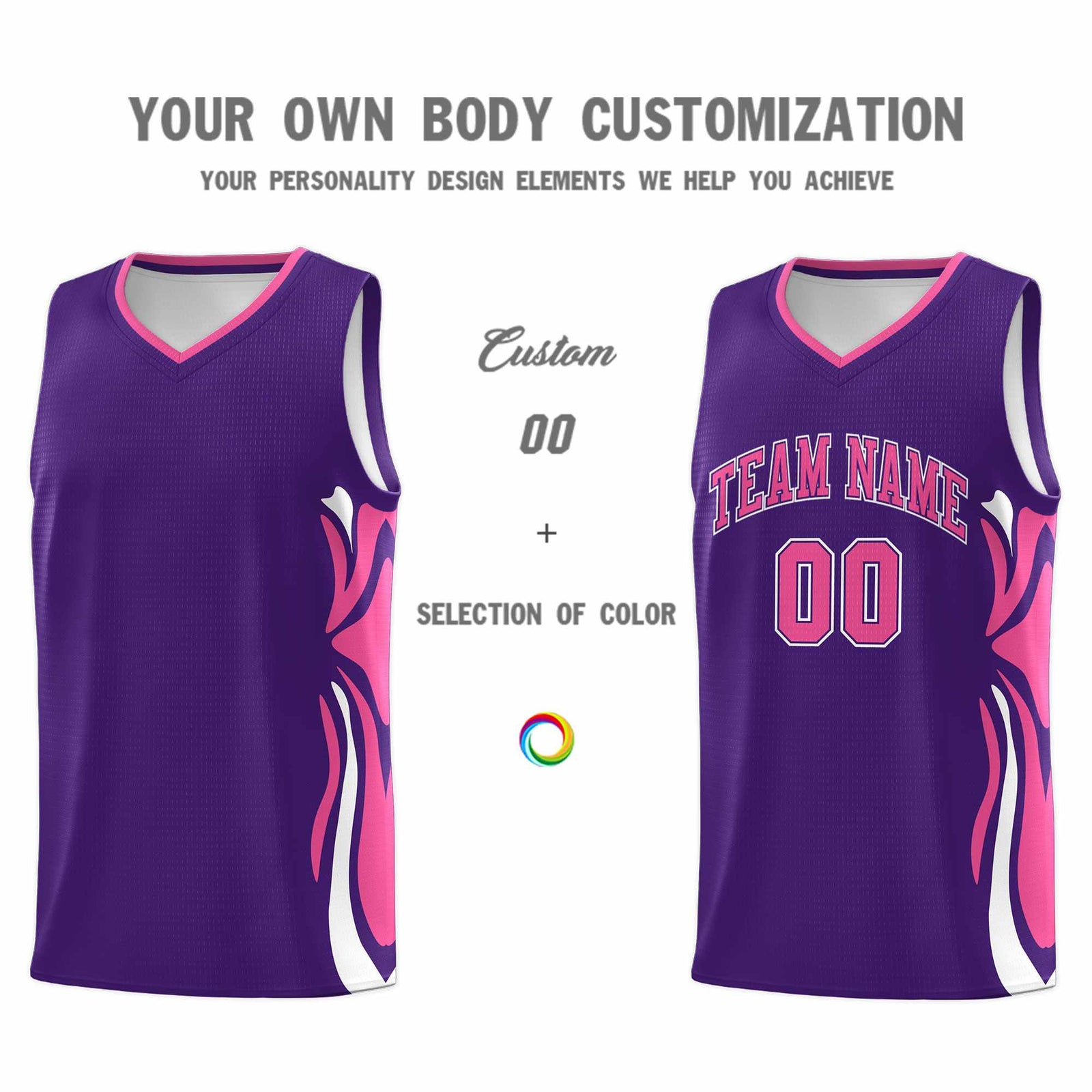 Custom Purple Pink-White Graffiti Pattern Side Curve Pattern Sports Uniform Basketball Jersey Sets