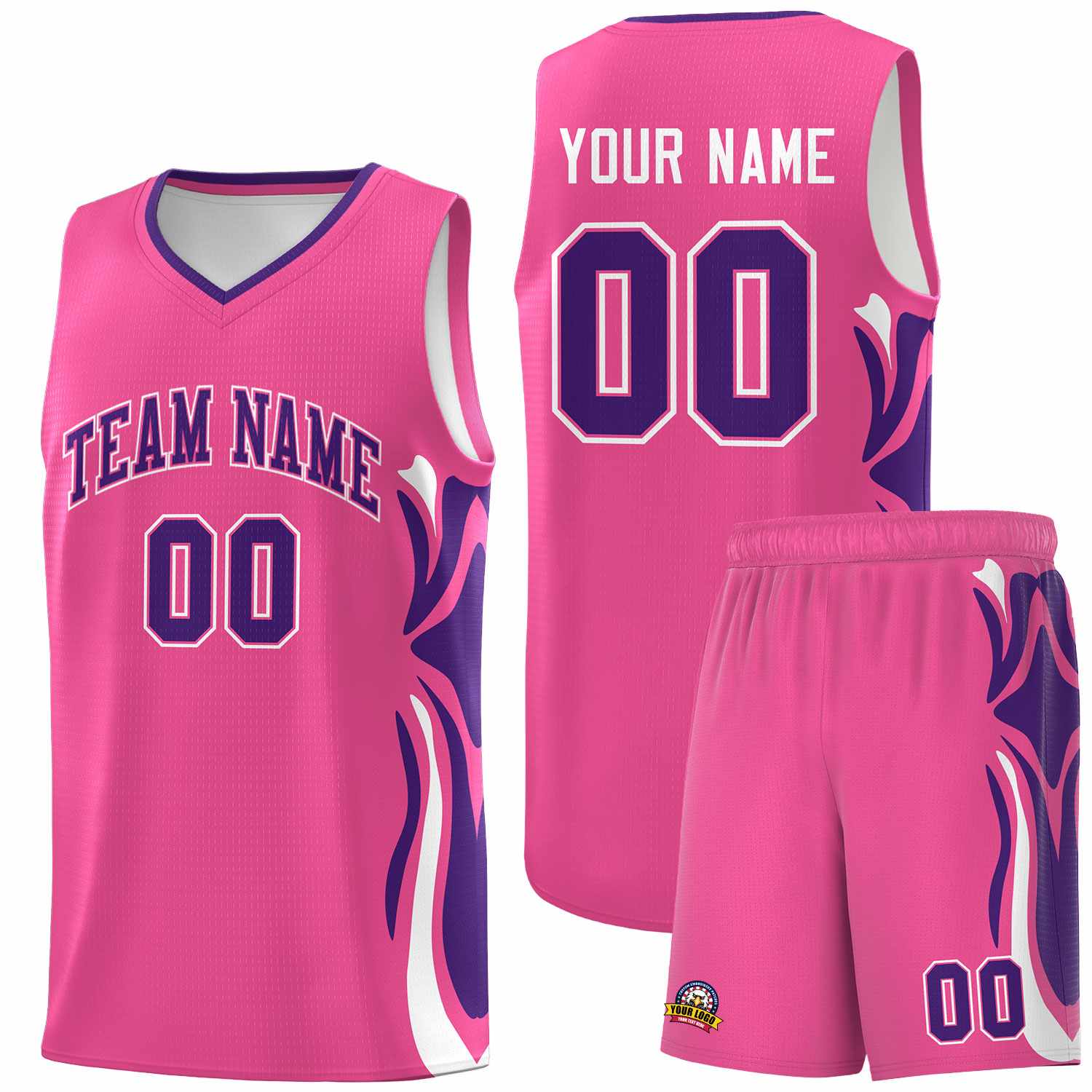 Custom Pink Purple-White Graffiti Pattern Side Curve Pattern Sports Uniform Basketball Jersey Sets