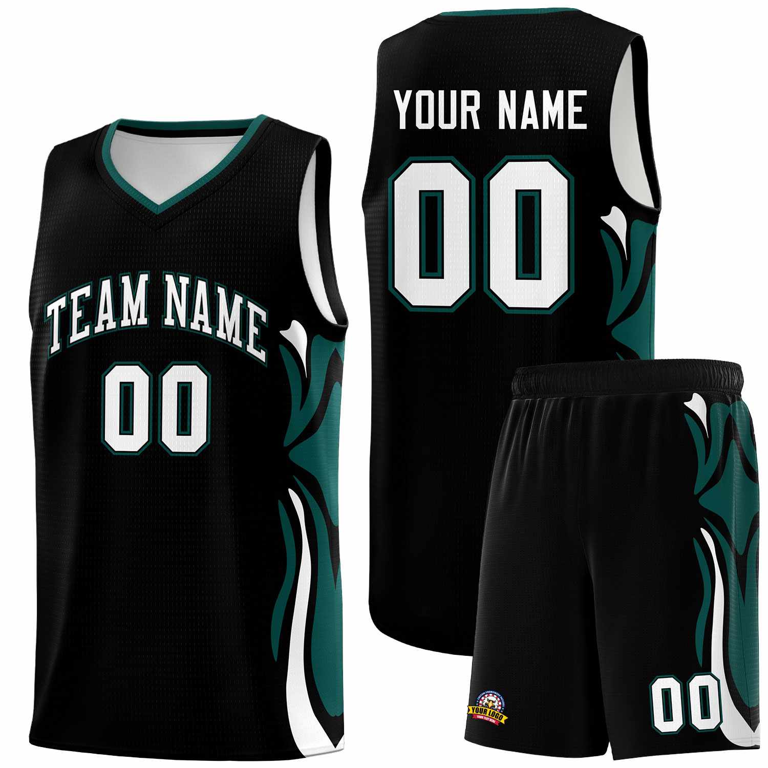 Custom Black White-Midnight Green Graffiti Pattern Side Curve Pattern Sports Uniform Basketball Jersey Sets