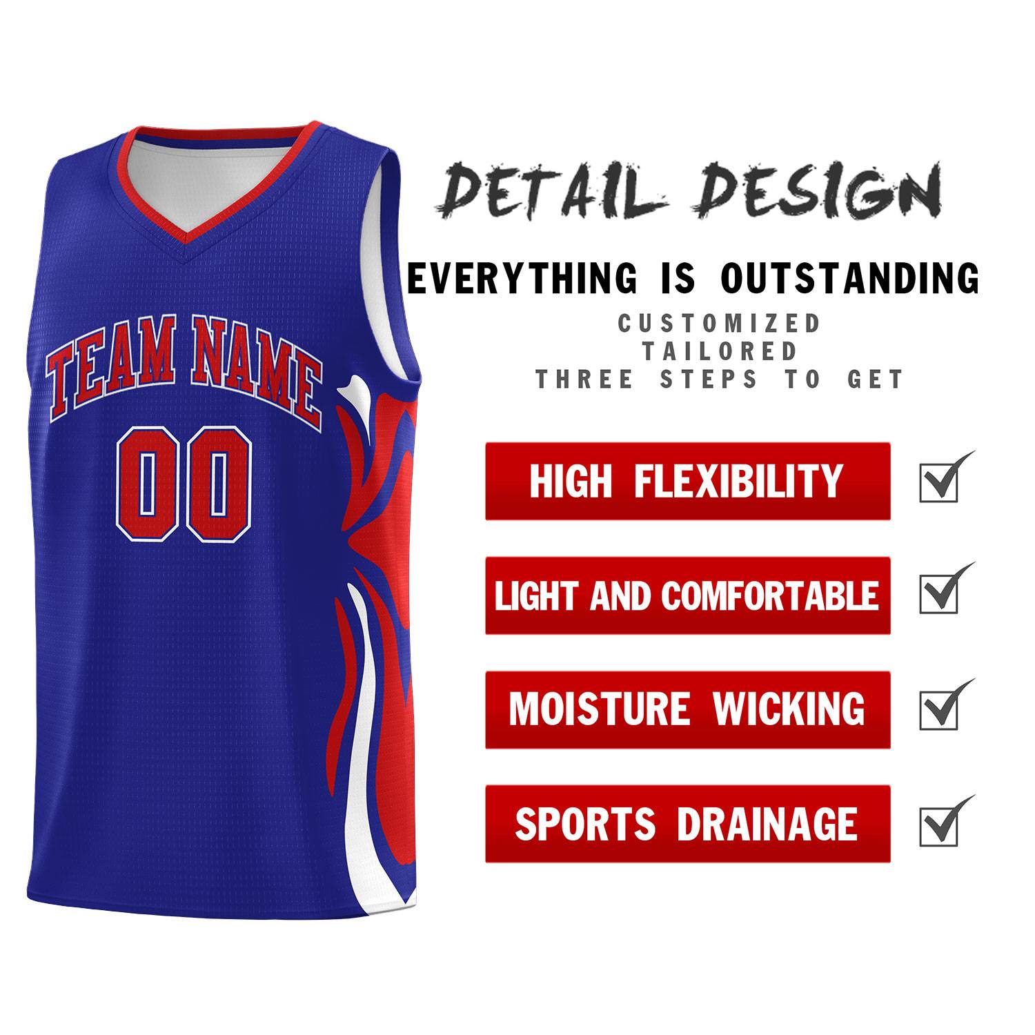 Custom Royal Red-White Graffiti Pattern Side Curve Pattern Sports Uniform Basketball Jersey Sets