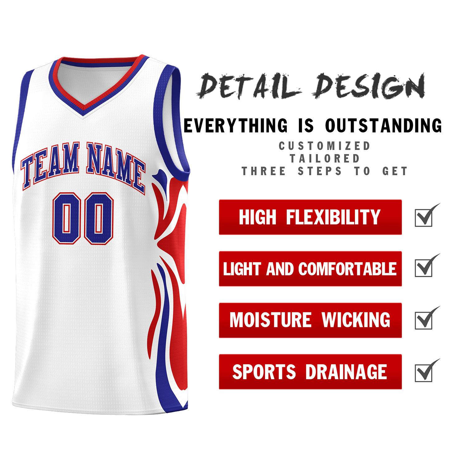 Custom White Royal-Red Graffiti Pattern Side Curve Pattern Sports Uniform Basketball Jersey Sets