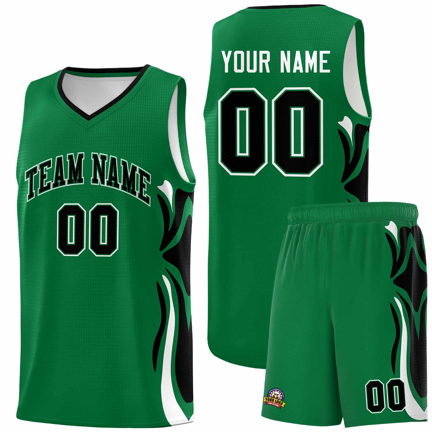 Custom Kelly Green Black-White Graffiti Pattern Side Curve Pattern Sports Uniform Basketball Jersey Sets