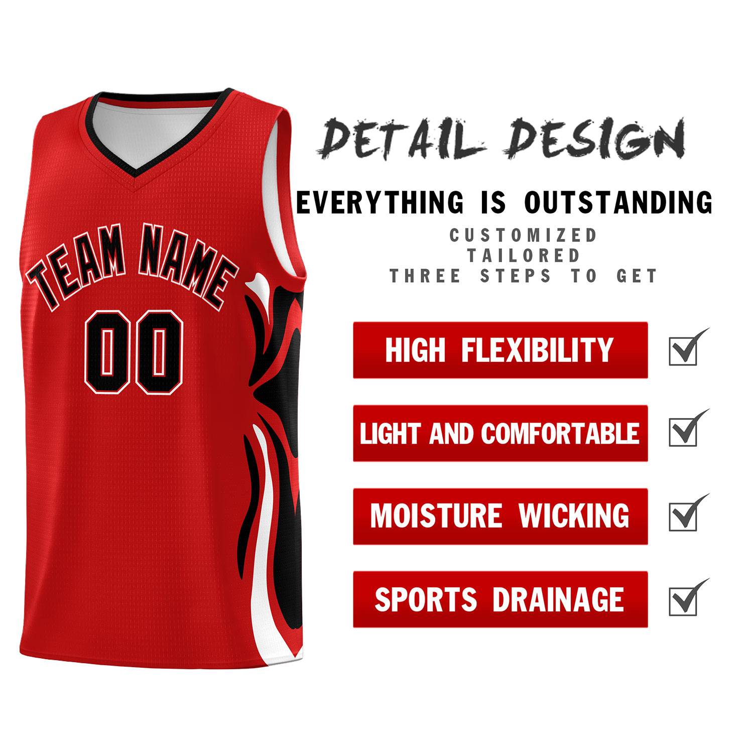 Custom Red Black-White Graffiti Pattern Side Curve Pattern Sports Uniform Basketball Jersey Sets