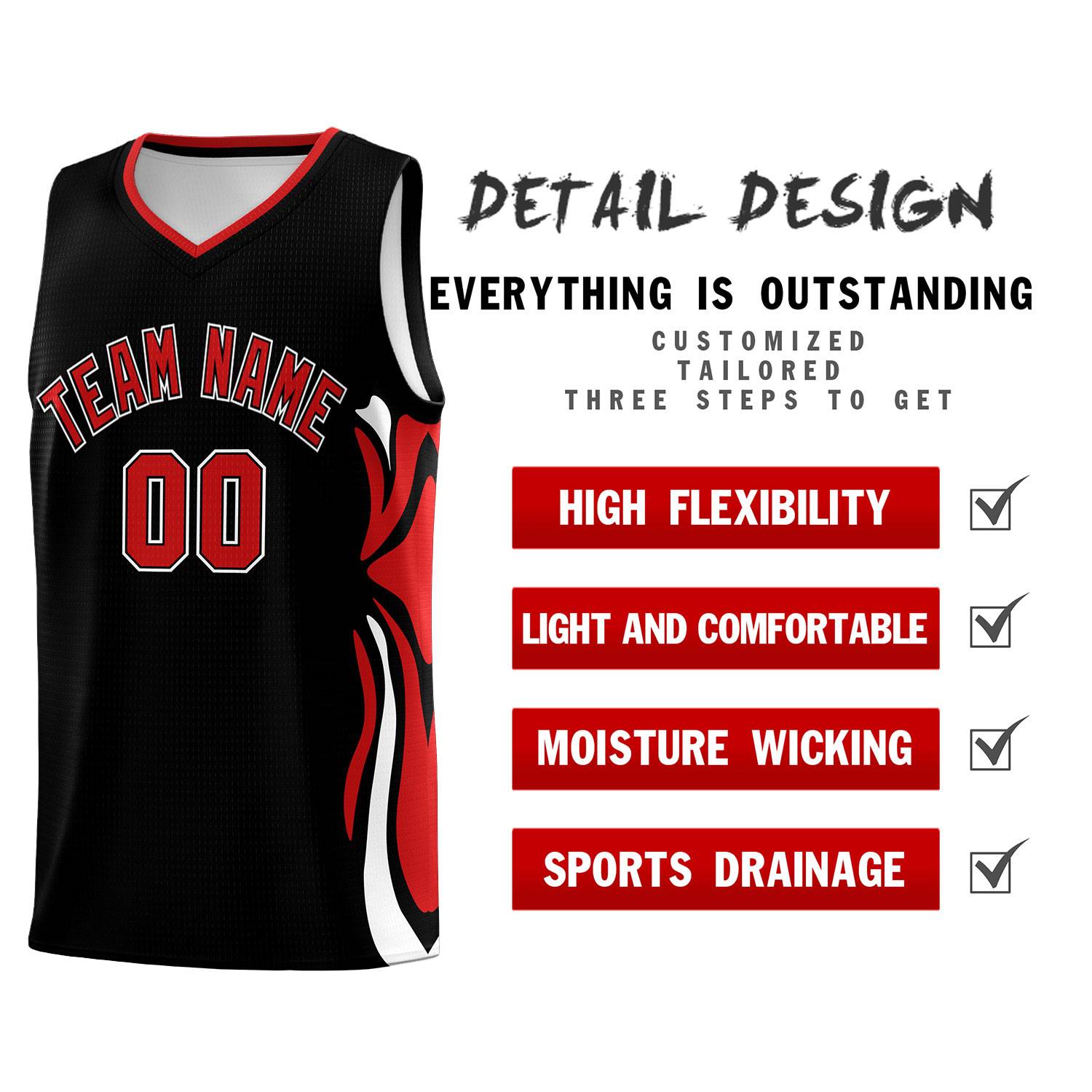 Custom Black Red-White Graffiti Pattern Side Curve Pattern Sports Uniform Basketball Jersey Sets