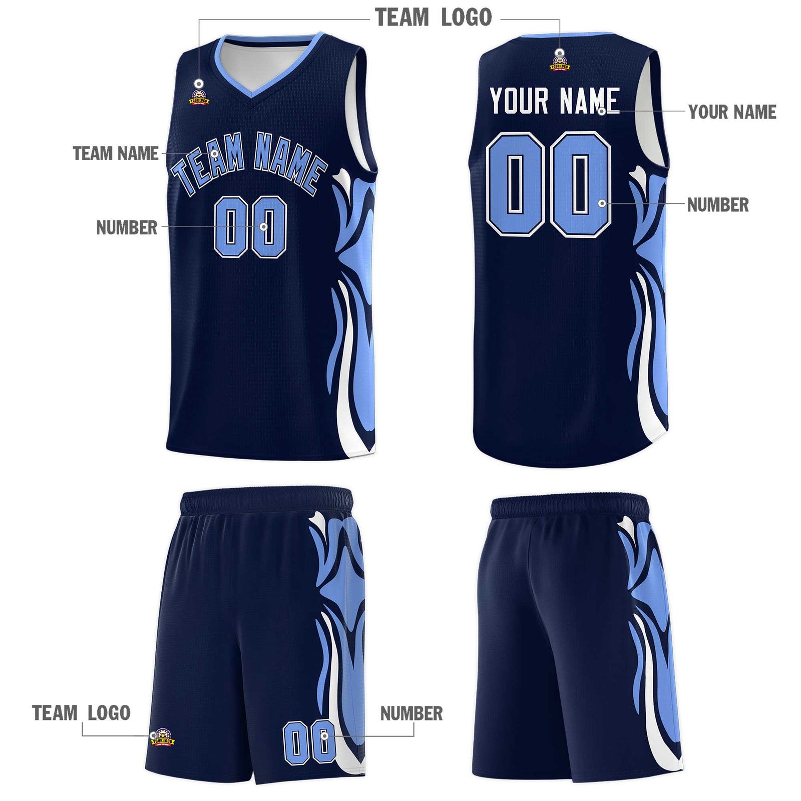 Custom Navy Light Blue-White Graffiti Pattern Side Curve Pattern Sports Uniform Basketball Jersey Sets