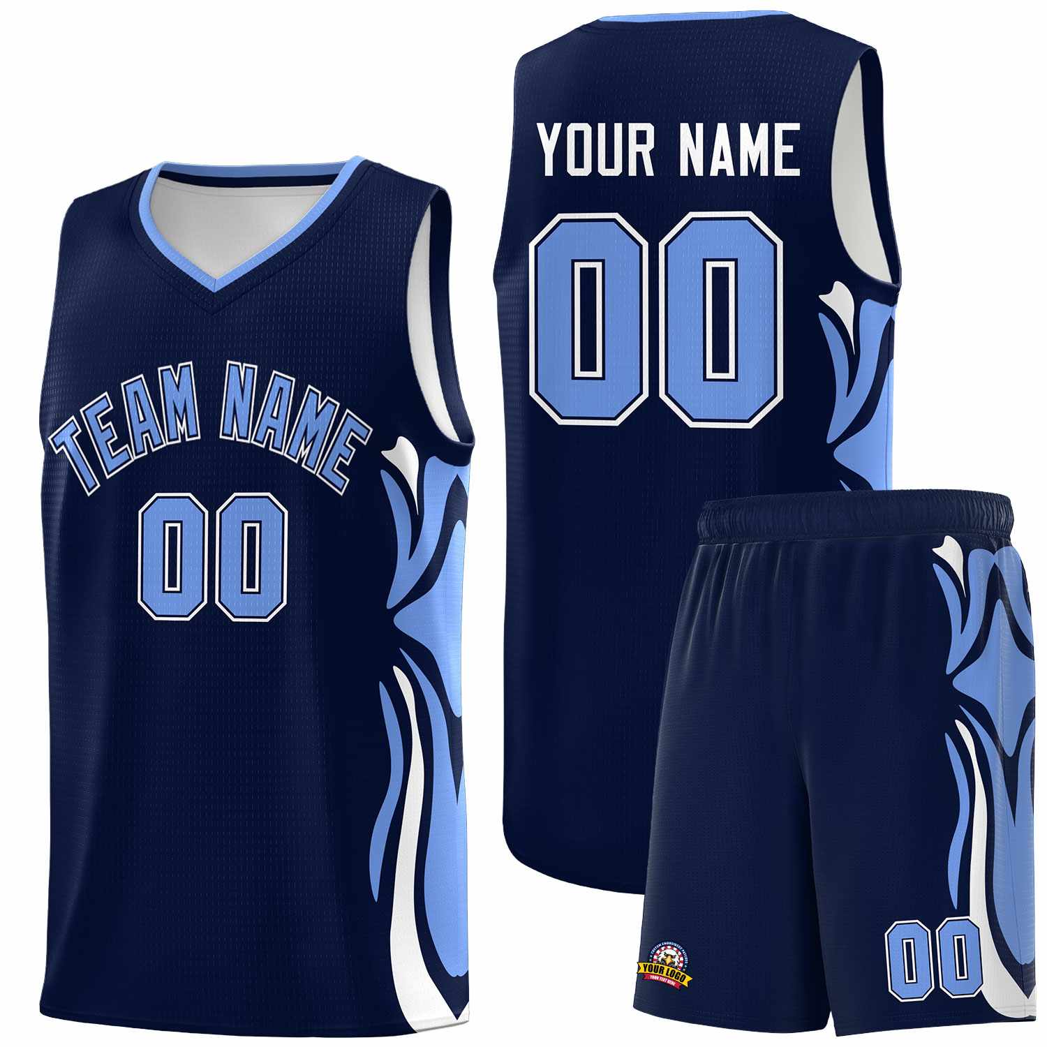 Custom Navy Light Blue-White Graffiti Pattern Side Curve Pattern Sports Uniform Basketball Jersey Sets
