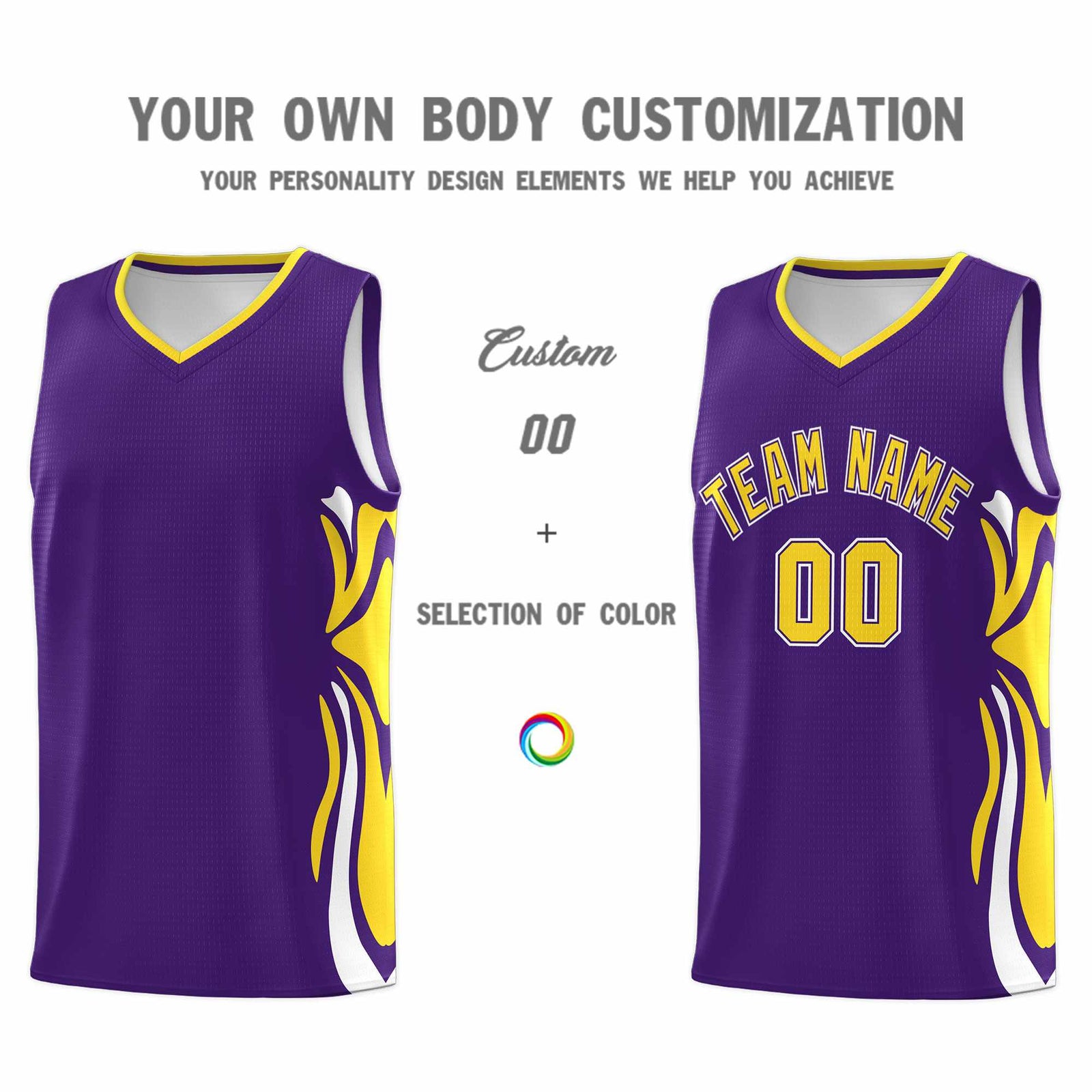 Custom Purple Gold-White Graffiti Pattern Side Curve Pattern Sports Uniform Basketball Jersey Sets