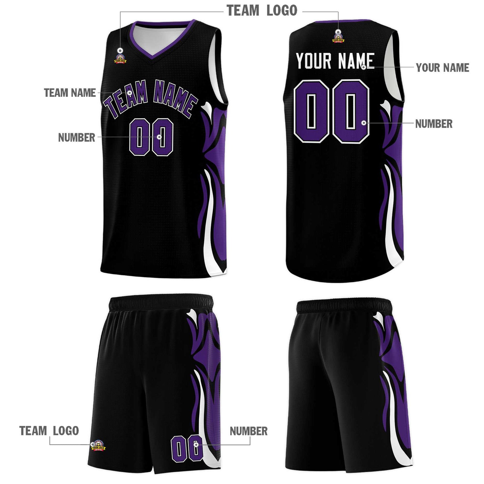 Custom Black Purple-White Graffiti Pattern Side Curve Pattern Sports Uniform Basketball Jersey Sets