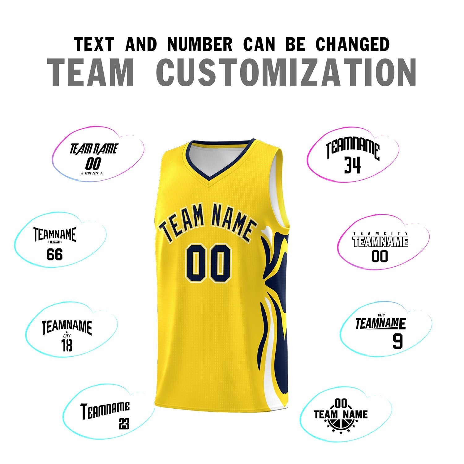 Custom Gold Navy-White Graffiti Pattern Side Curve Pattern Sports Uniform Basketball Jersey Sets