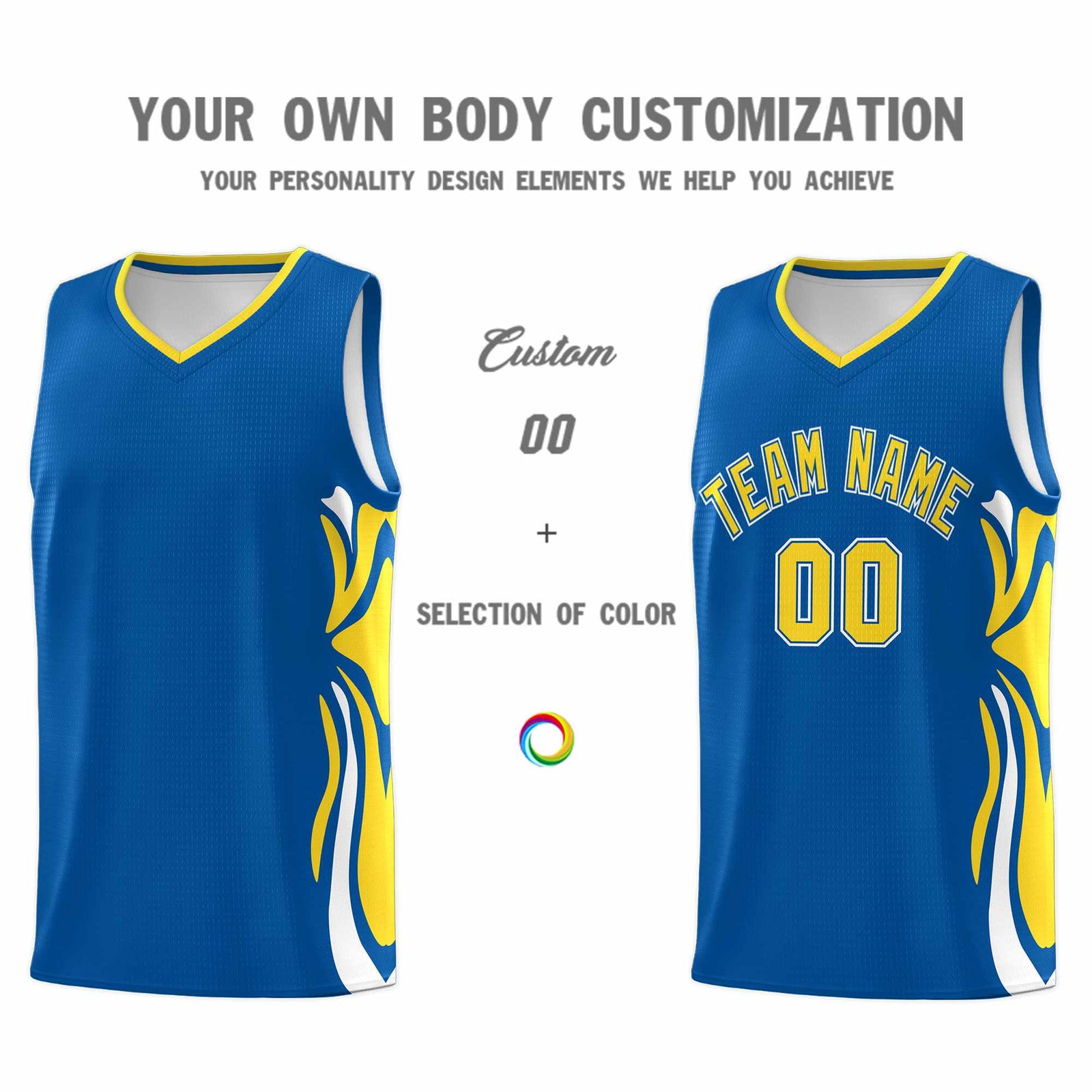 Custom Royal Gold-White Graffiti Pattern Side Curve Pattern Sports Uniform Basketball Jersey Sets