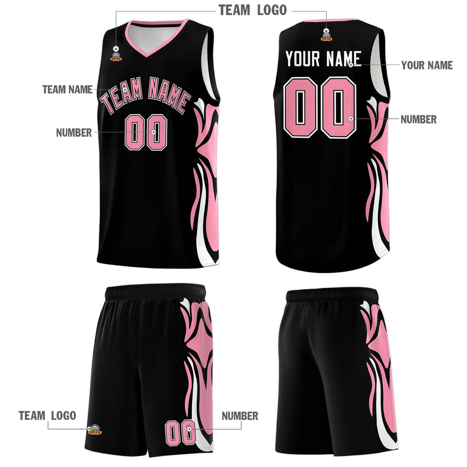 Custom Black Light Pink-White Graffiti Pattern Side Curve Pattern Sports Uniform Basketball Jersey Sets