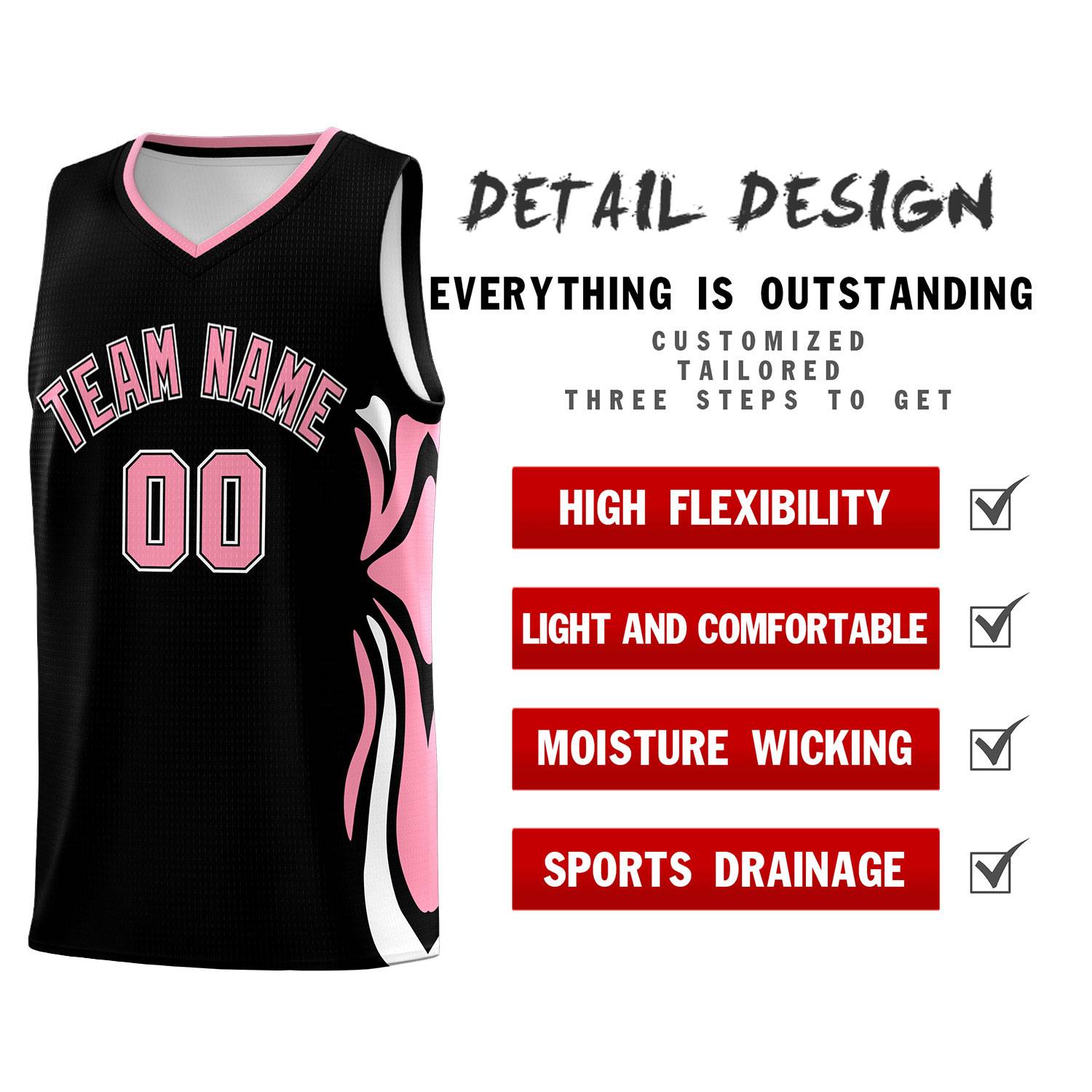 Custom Black Light Pink-White Graffiti Pattern Side Curve Pattern Sports Uniform Basketball Jersey Sets