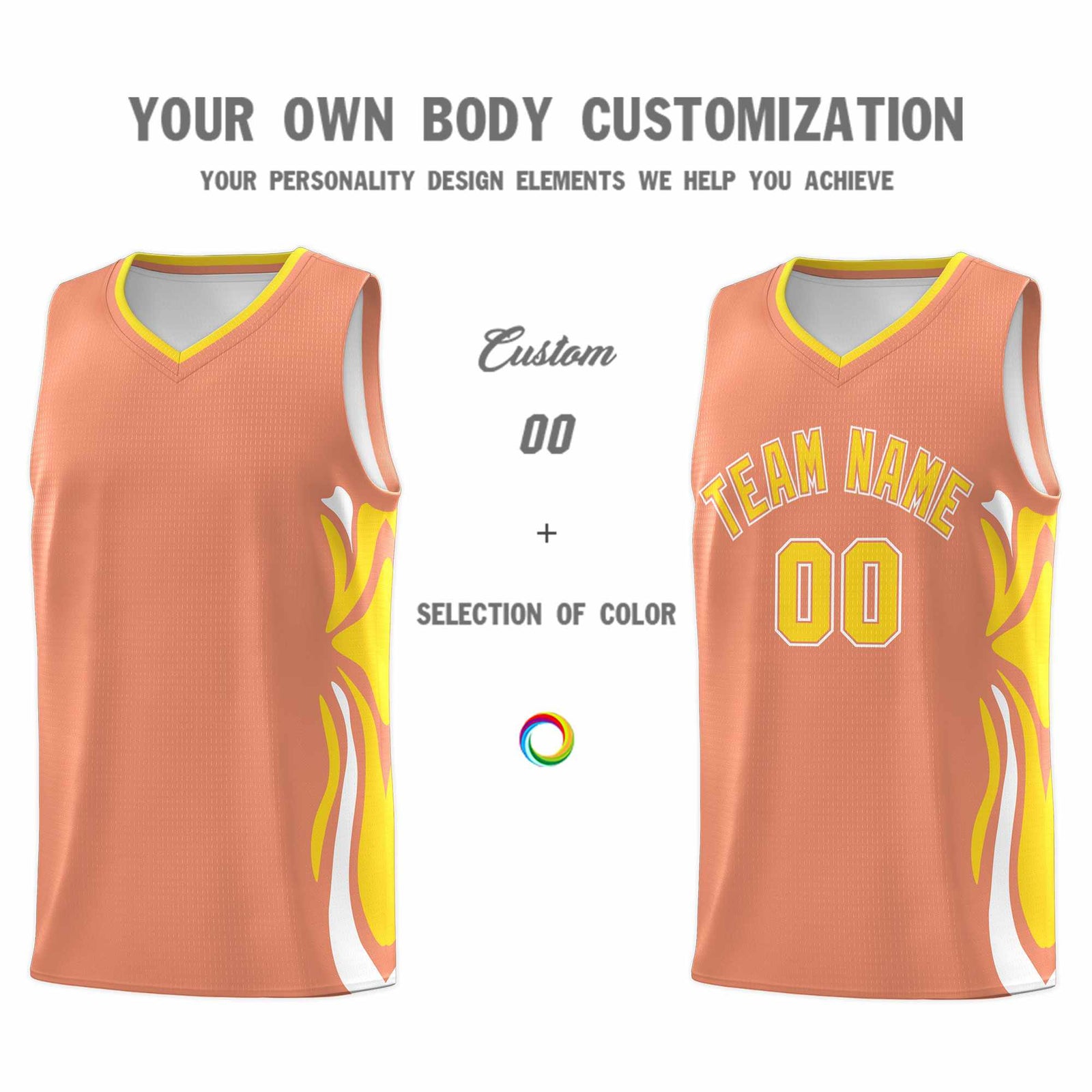 Custom Light Orange Gold-White Graffiti Pattern Side Curve Pattern Sports Uniform Basketball Jersey Sets