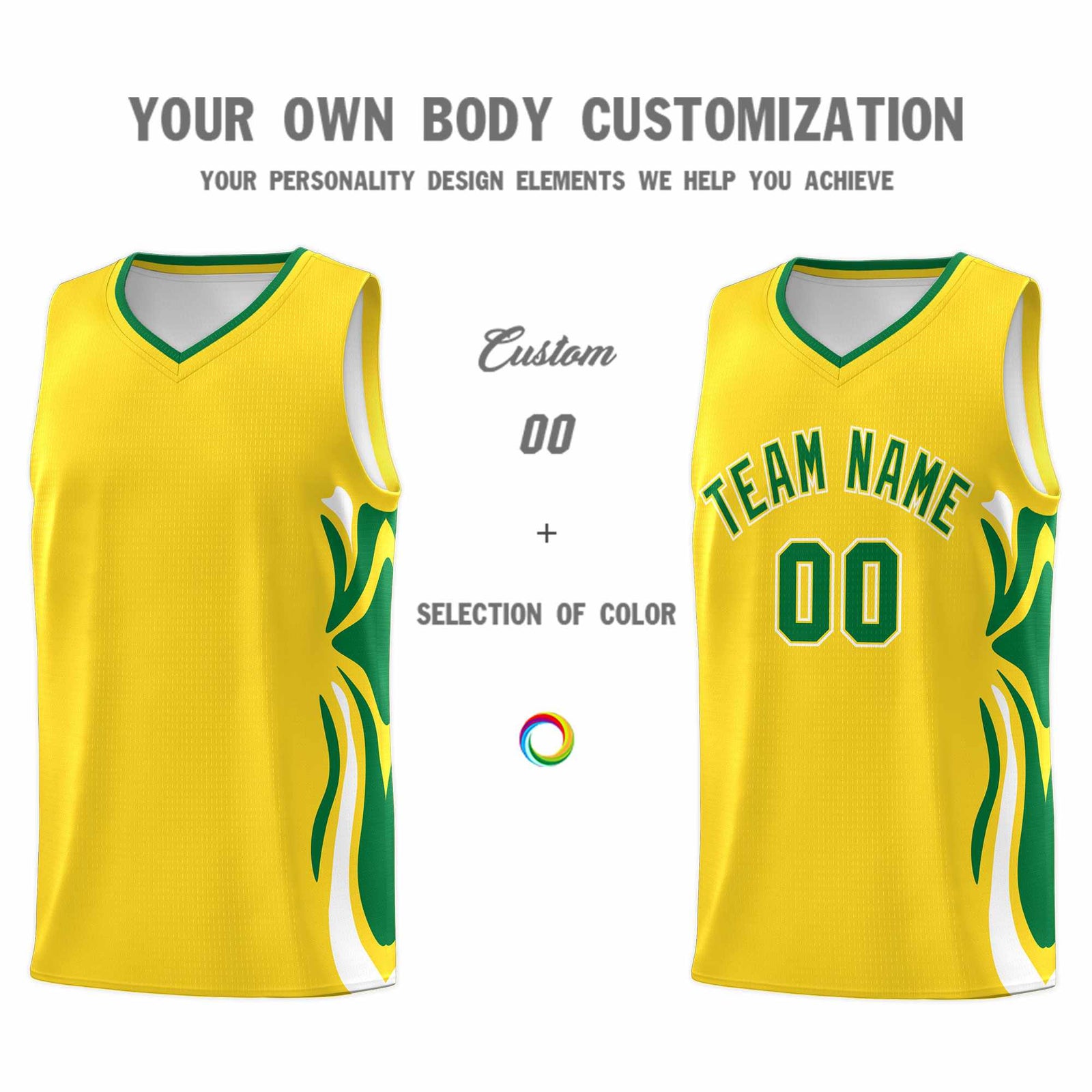Custom Gold Kelly Green-White Graffiti Pattern Side Curve Pattern Sports Uniform Basketball Jersey Sets