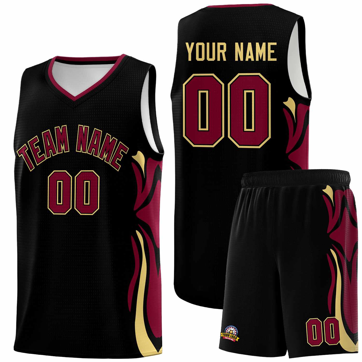 Custom Black Crimson-Khaki Graffiti Pattern Side Curve Pattern Sports Uniform Basketball Jersey Sets