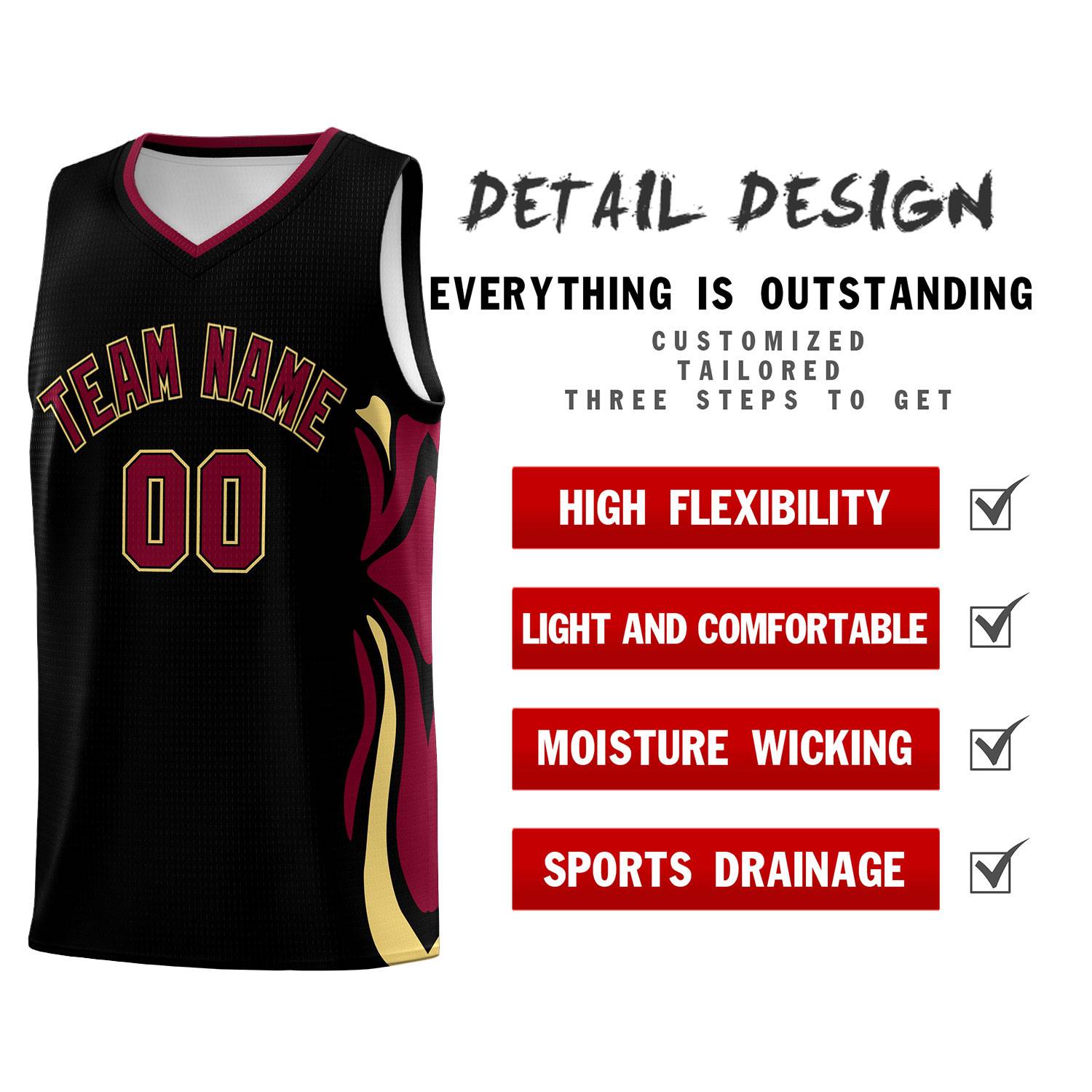 Custom Black Crimson-Khaki Graffiti Pattern Side Curve Pattern Sports Uniform Basketball Jersey Sets