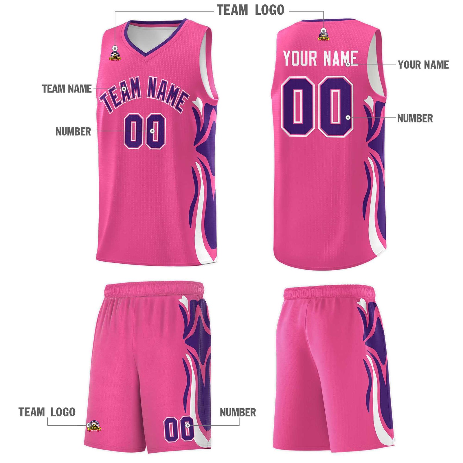 Custom Pink Purple-White Graffiti Pattern Side Curve Pattern Sports Uniform Basketball Jersey Sets