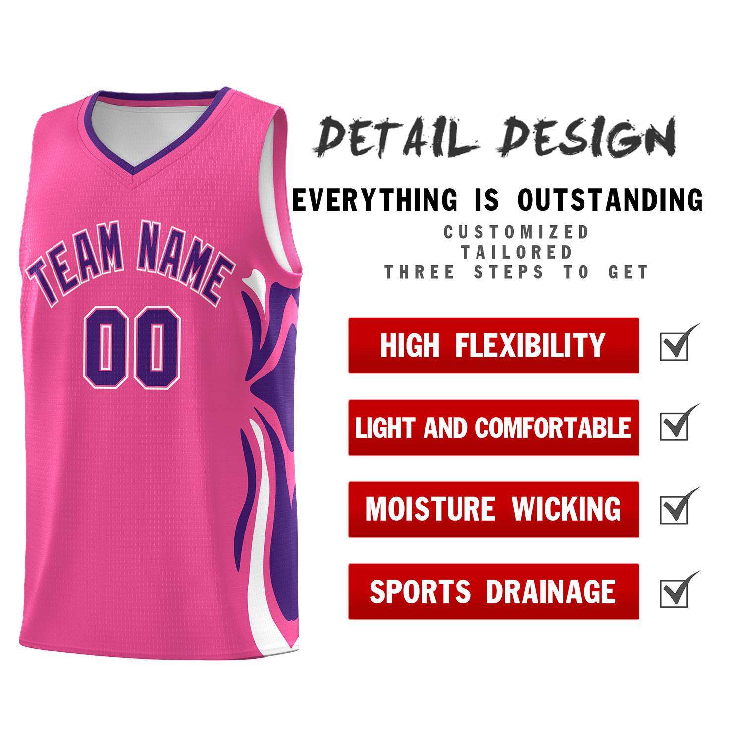 Custom Pink Purple-White Graffiti Pattern Side Curve Pattern Sports Uniform Basketball Jersey Sets