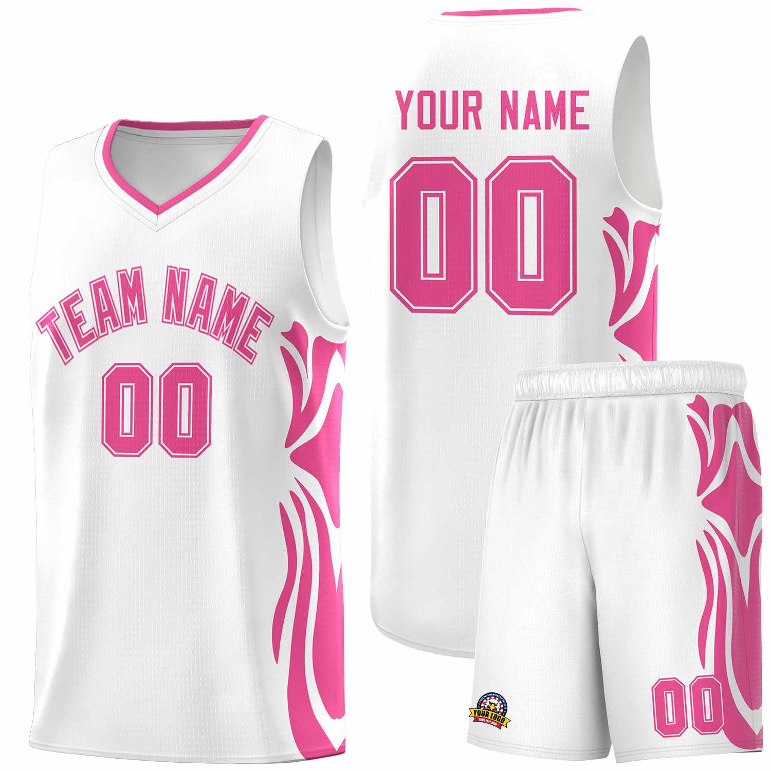 Custom White Pink-Pink Graffiti Pattern Side Curve Pattern Sports Uniform Basketball Jersey Sets