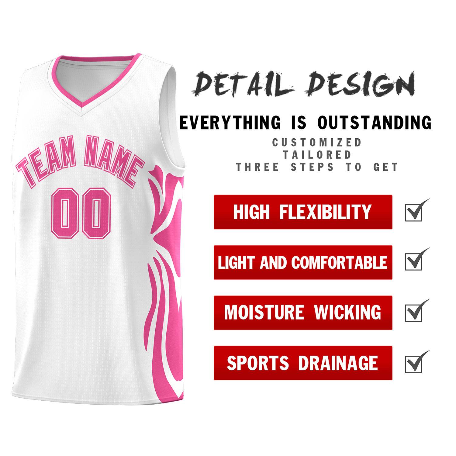 Custom White Pink-Pink Graffiti Pattern Side Curve Pattern Sports Uniform Basketball Jersey Sets