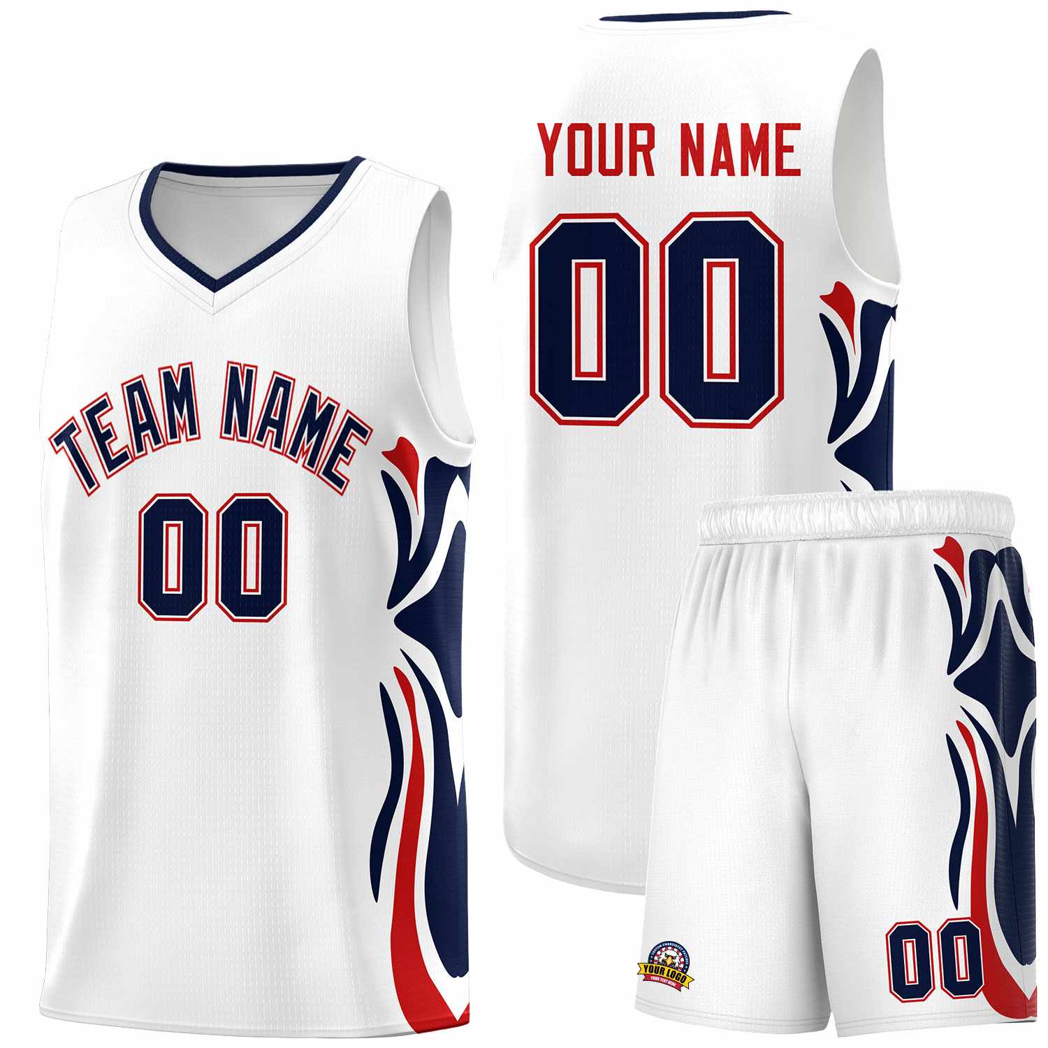 Custom White Navy-Red Graffiti Pattern Side Curve Pattern Sports Uniform Basketball Jersey Sets