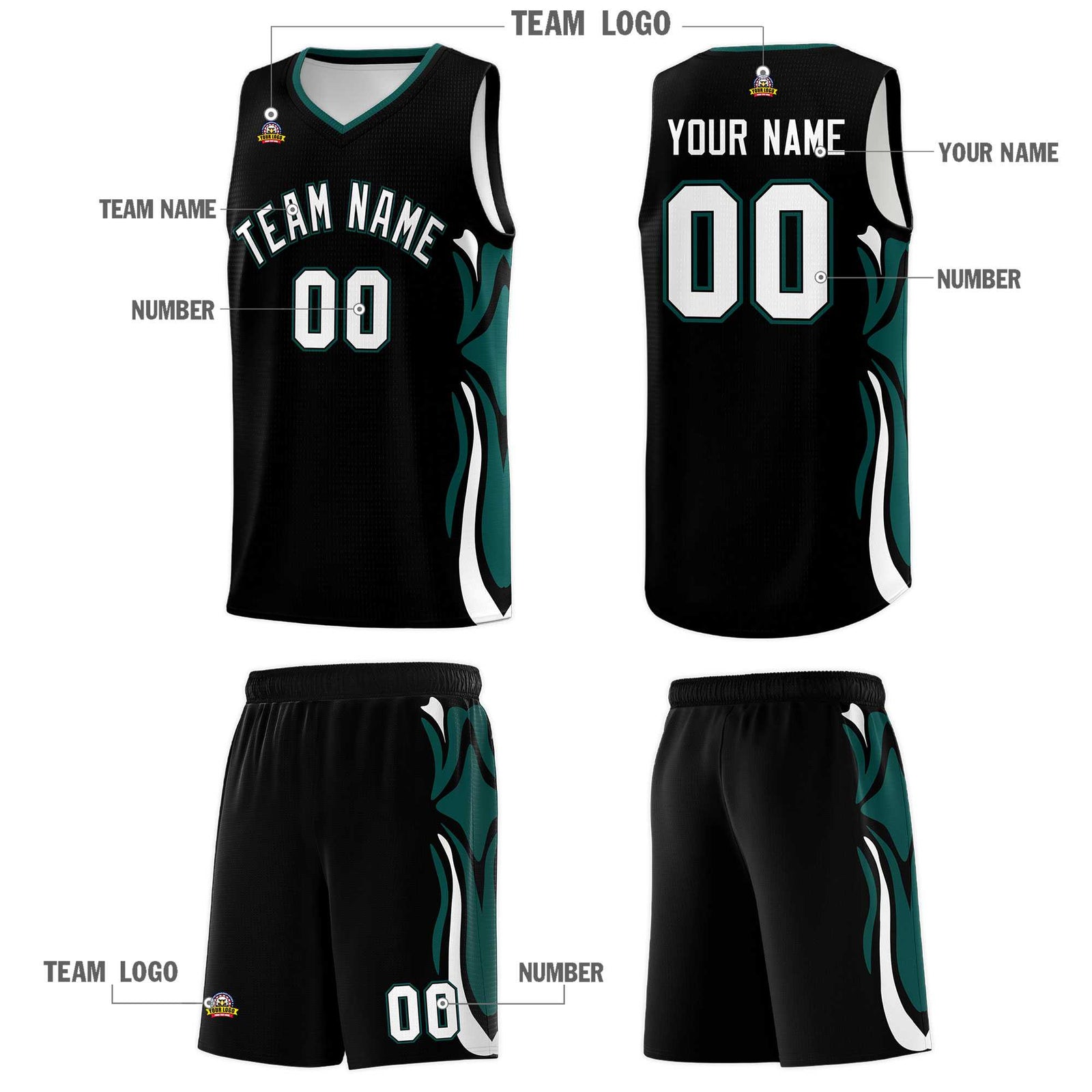 Custom Black White-Midnight Green Graffiti Pattern Side Curve Pattern Sports Uniform Basketball Jersey Sets