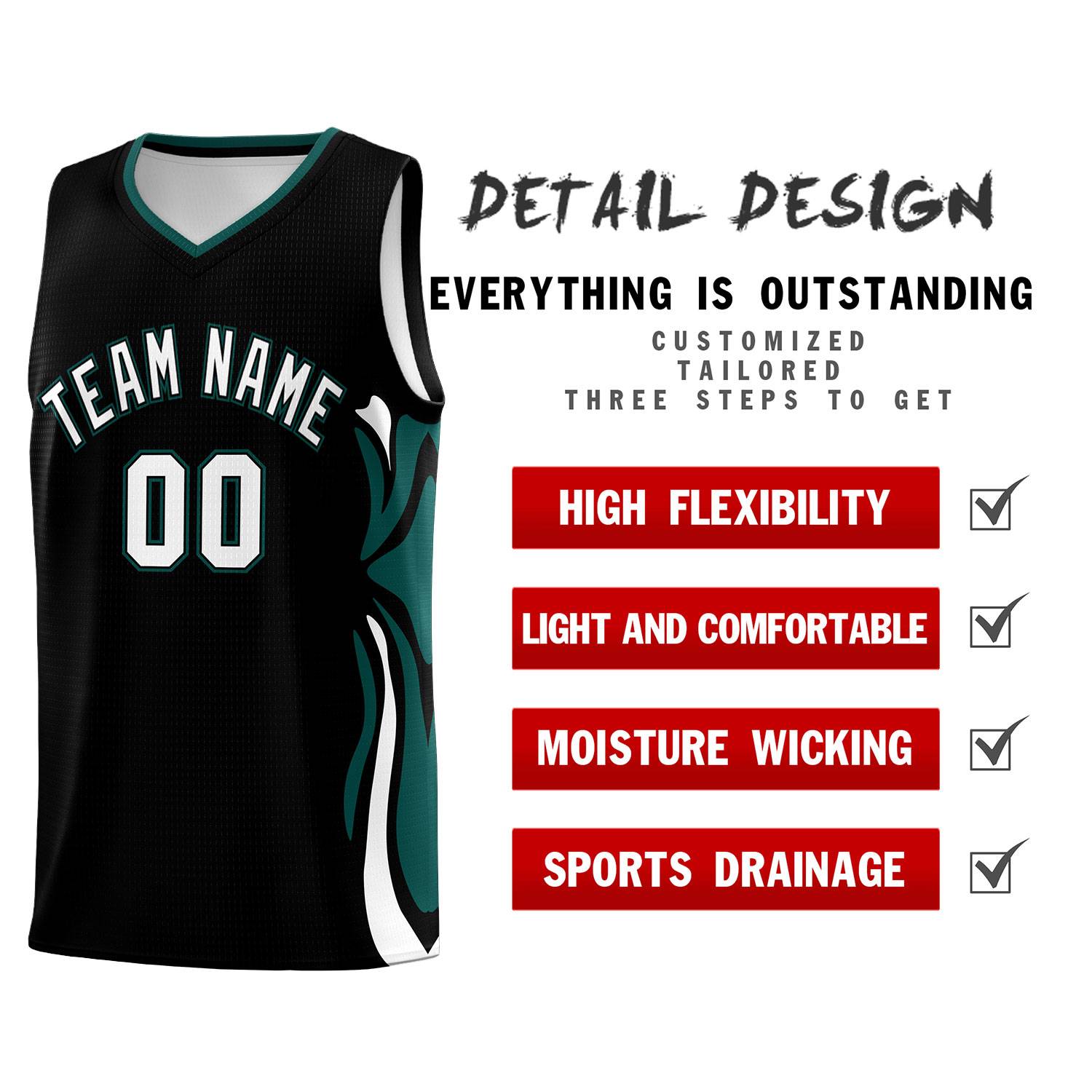 Custom Black White-Midnight Green Graffiti Pattern Side Curve Pattern Sports Uniform Basketball Jersey Sets