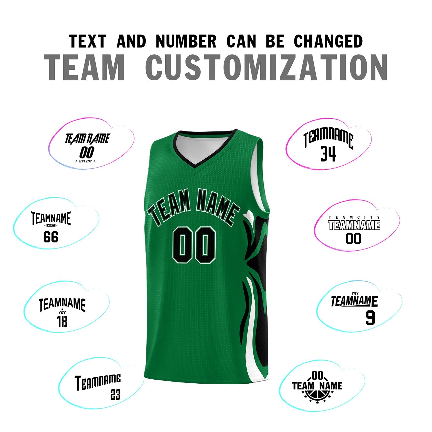 Custom Kelly Green Black-White Graffiti Pattern Side Curve Pattern Sports Uniform Basketball Jersey Sets