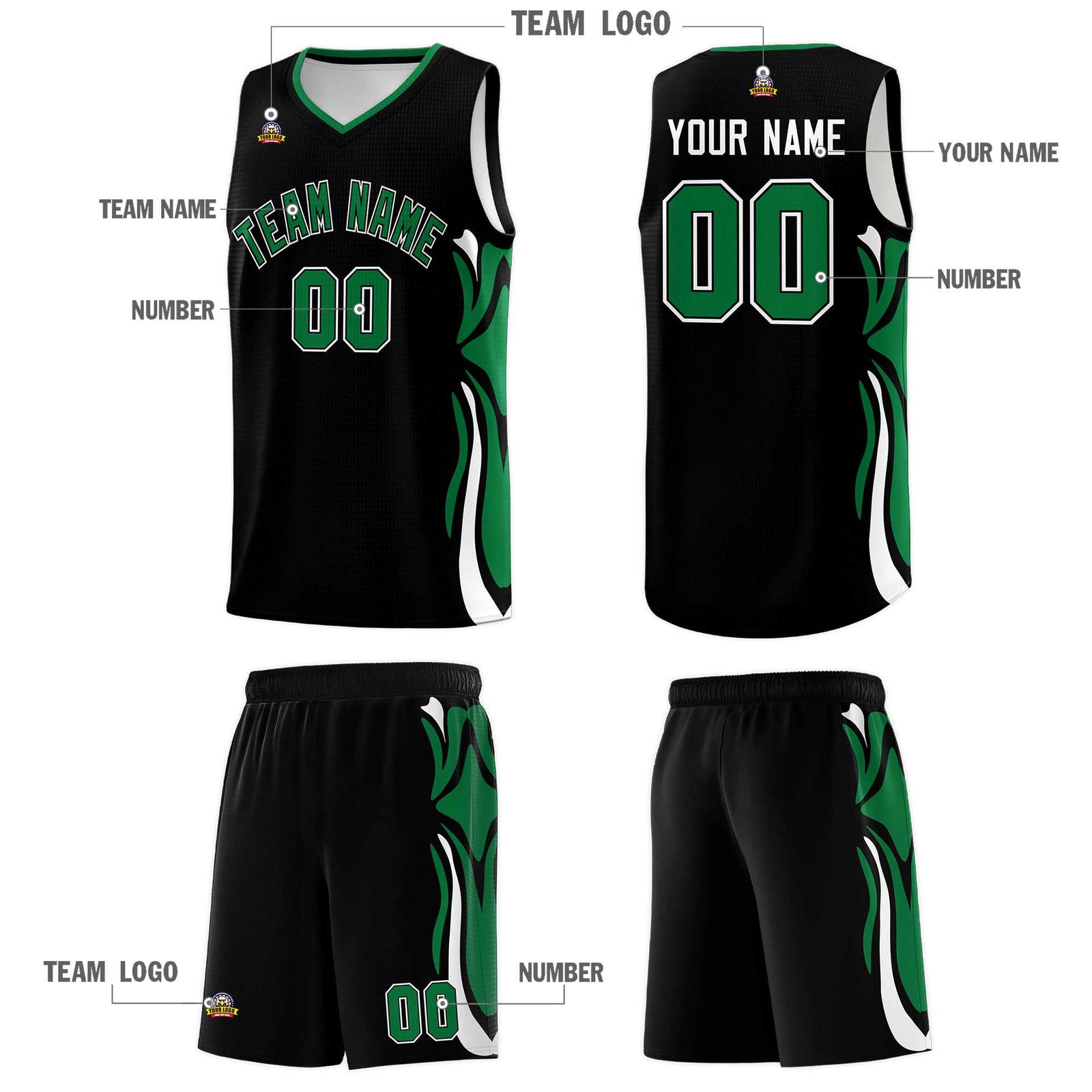 Custom Black Kelly Green-White Graffiti Pattern Side Curve Pattern Sports Uniform Basketball Jersey Sets