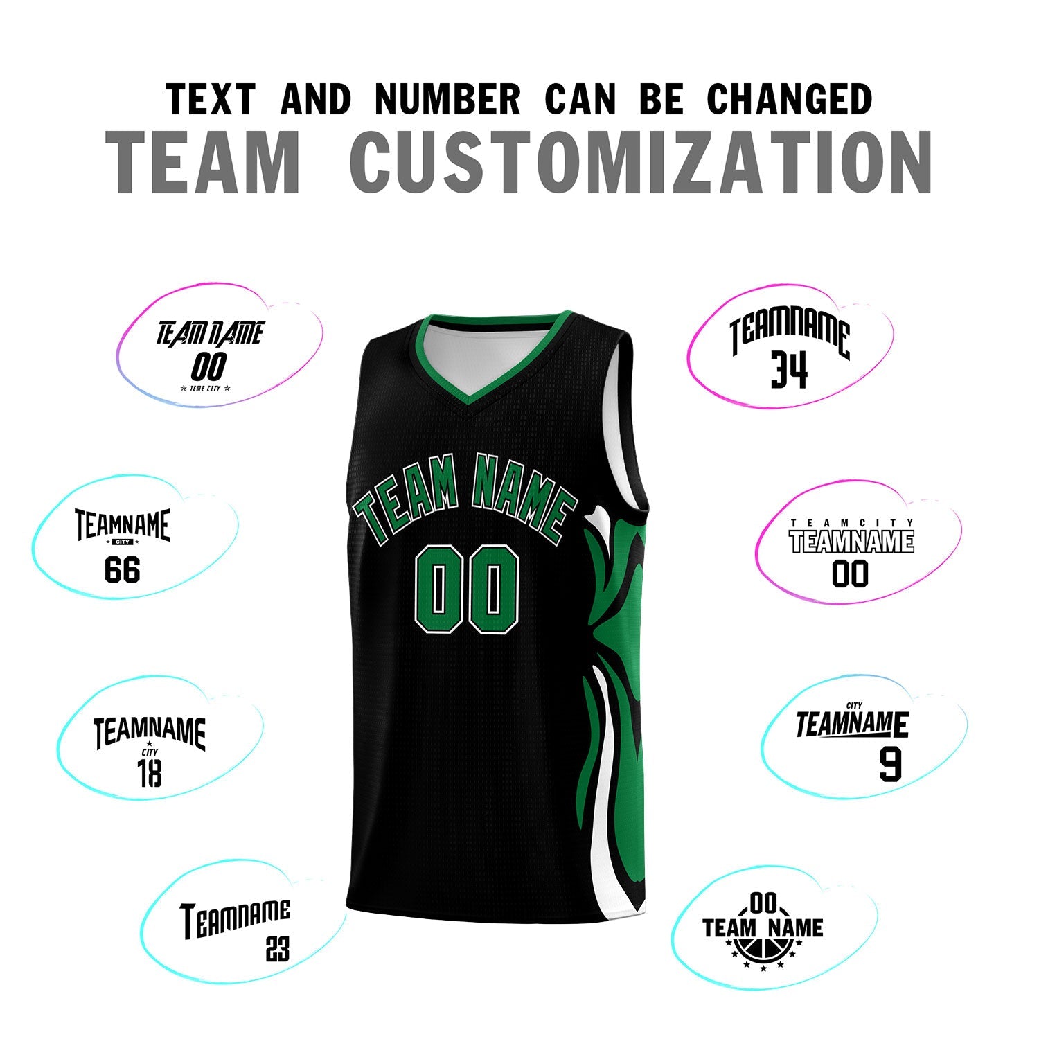 Custom Black Kelly Green-White Graffiti Pattern Side Curve Pattern Sports Uniform Basketball Jersey Sets