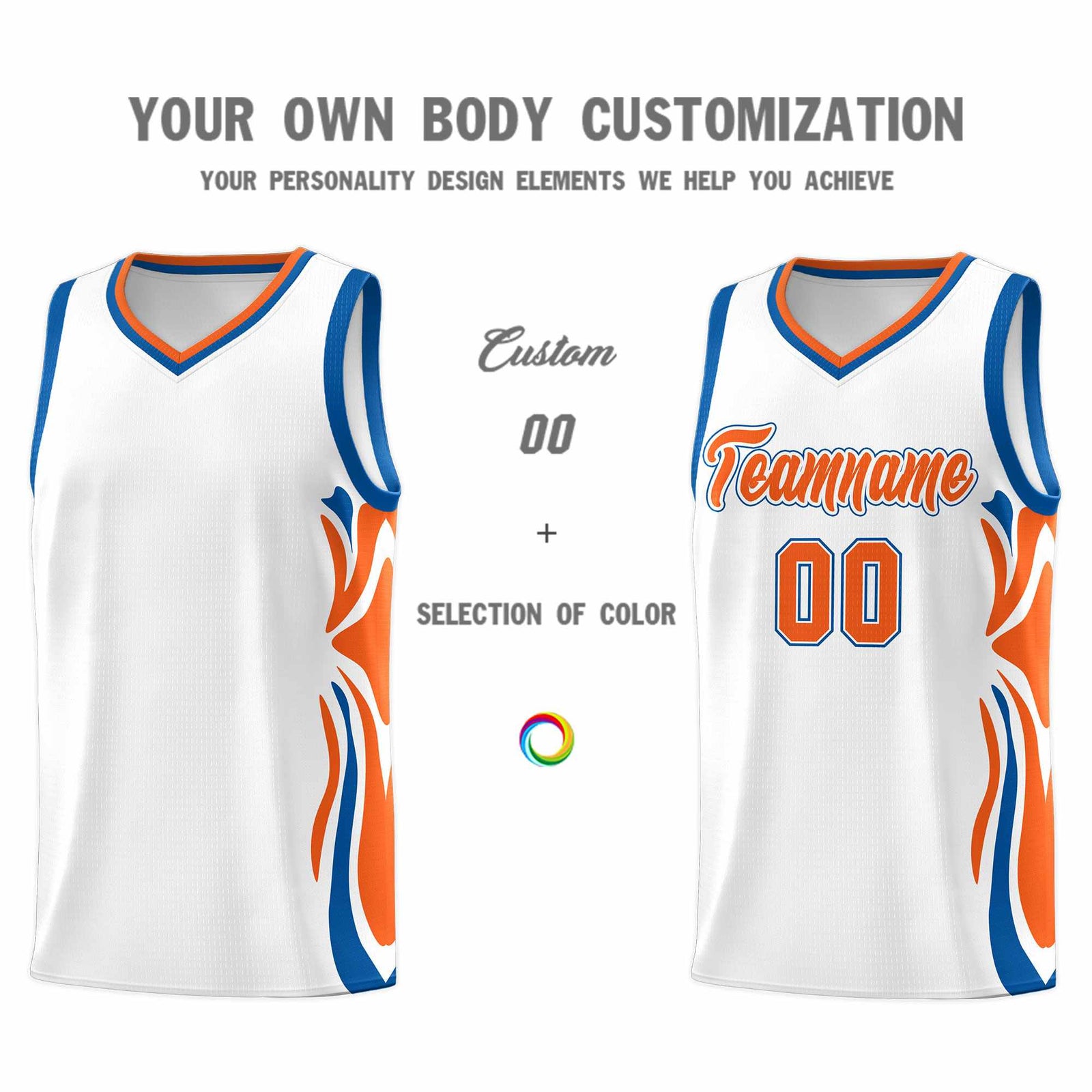 Custom White Orange-Royal Graffiti Pattern Side Curve Pattern Sports Uniform Basketball Jersey Sets