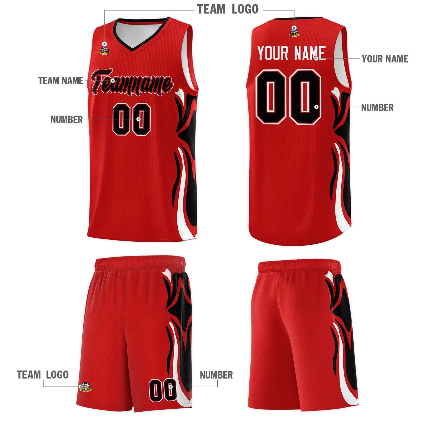 Custom Red Black-White Graffiti Pattern Side Curve Pattern Sports Uniform Basketball Jersey Sets