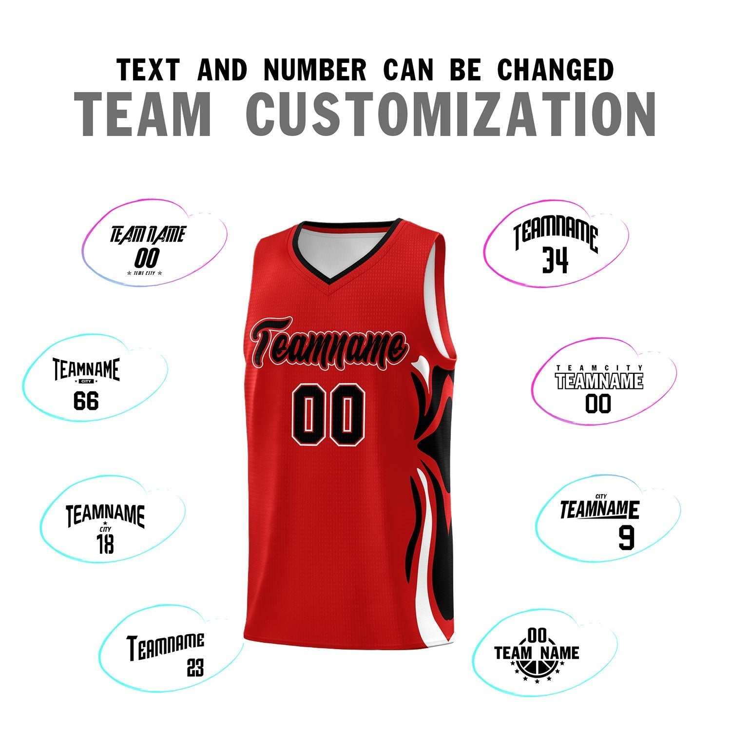 Custom Red Black-White Graffiti Pattern Side Curve Pattern Sports Uniform Basketball Jersey Sets