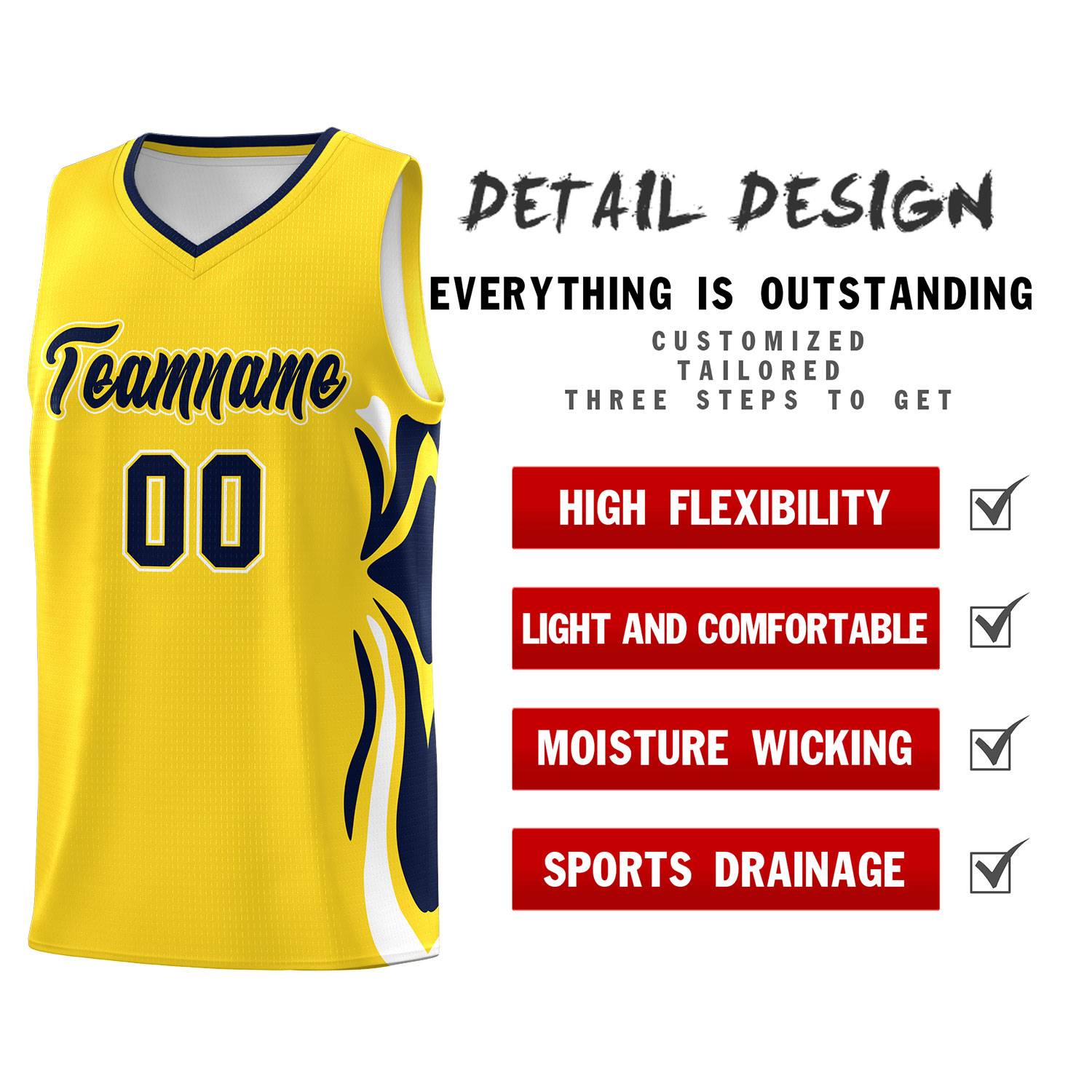 Custom Gold Navy-White Graffiti Pattern Side Curve Pattern Sports Uniform Basketball Jersey Sets
