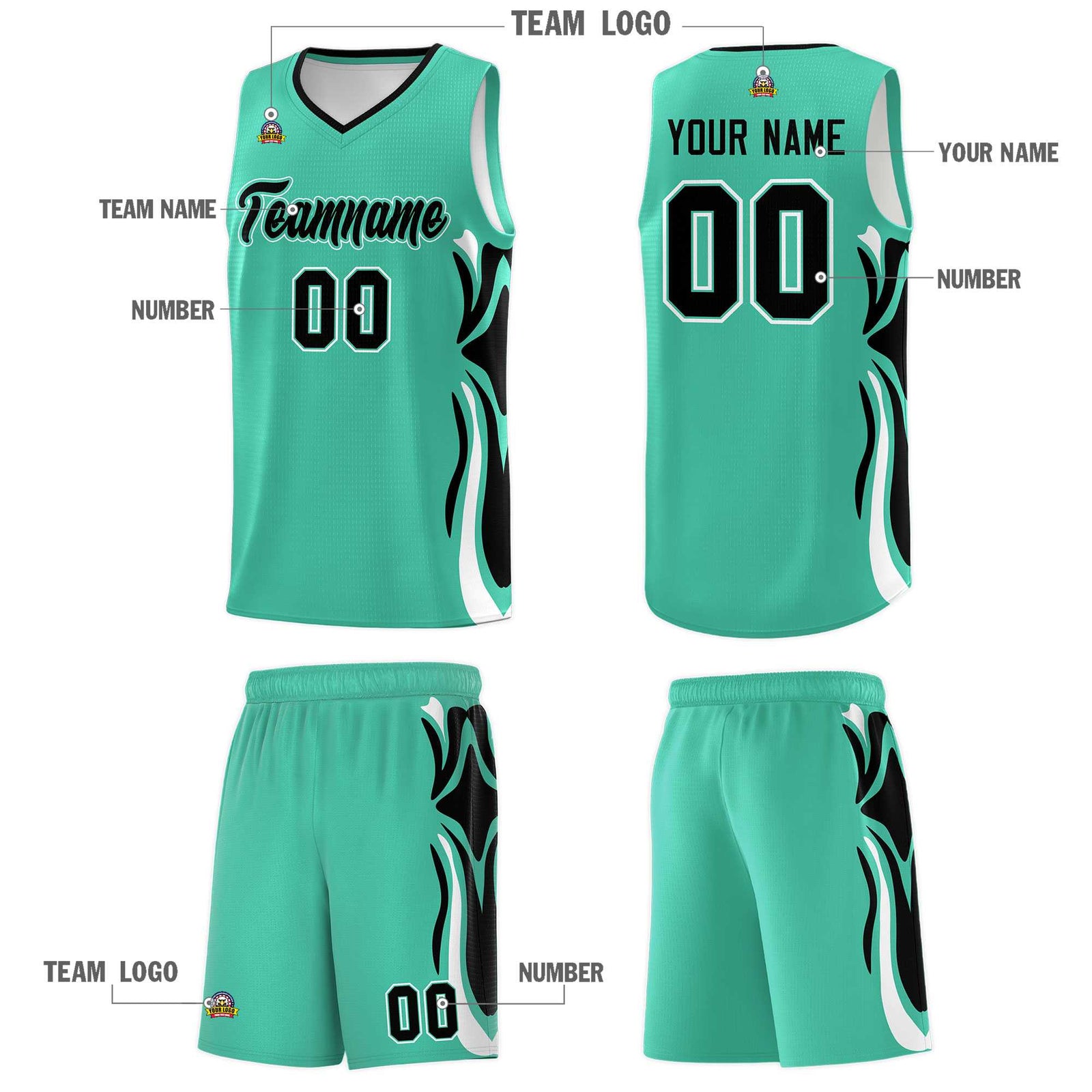 Custom Bright Green Black-White Graffiti Pattern Side Curve Pattern Sports Uniform Basketball Jersey Sets