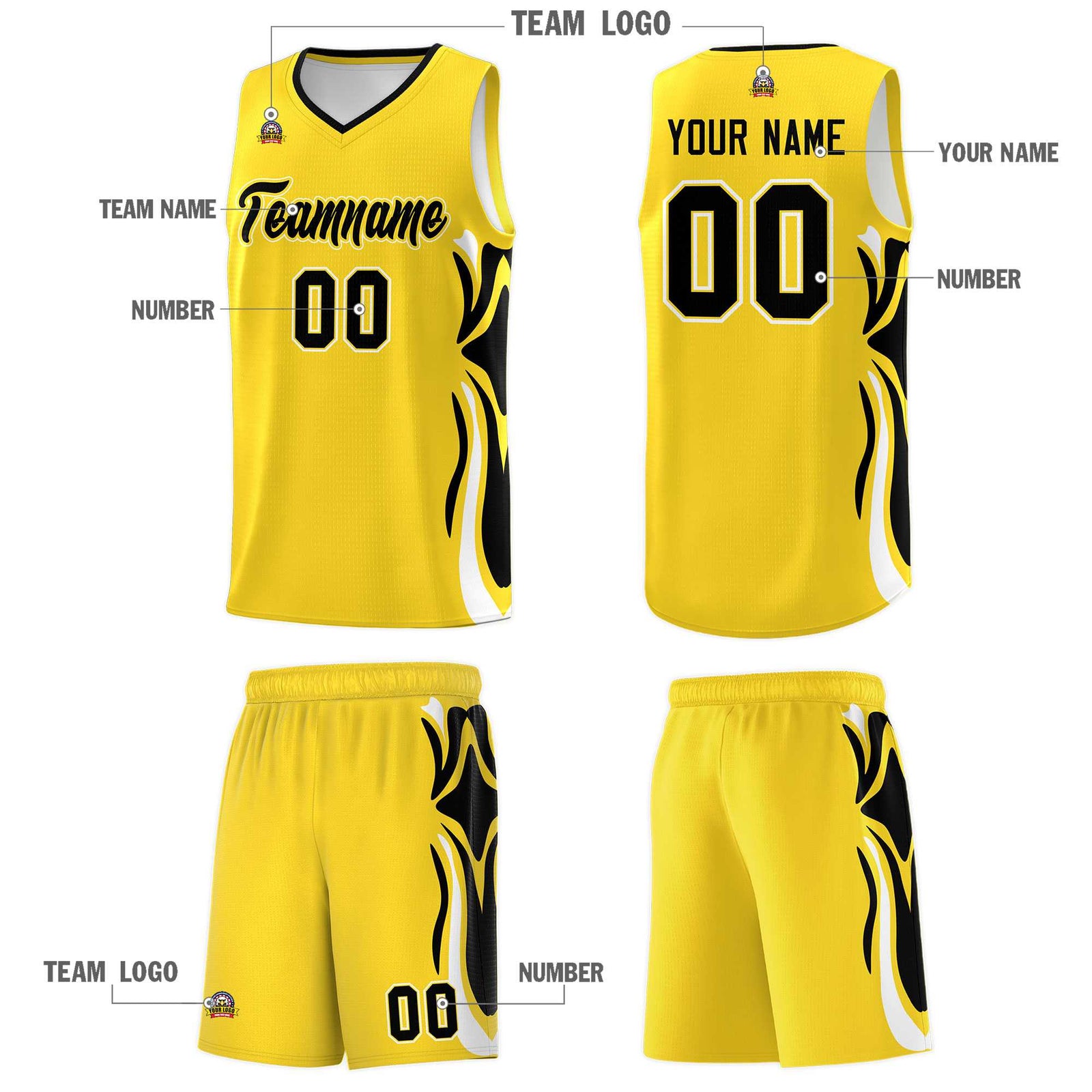 Custom Gold Black-White Graffiti Pattern Side Curve Pattern Sports Uniform Basketball Jersey Sets