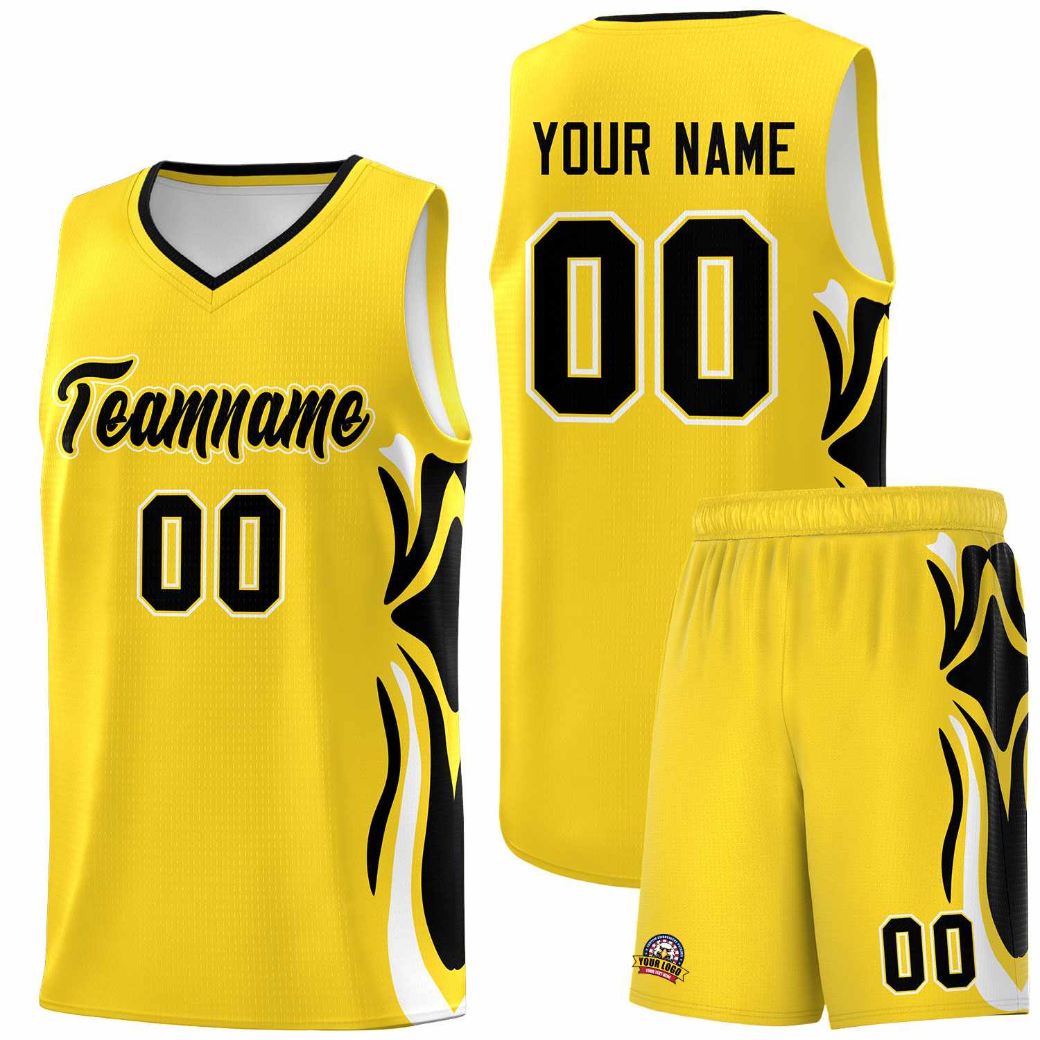 Custom Gold Black-White Graffiti Pattern Side Curve Pattern Sports Uniform Basketball Jersey Sets