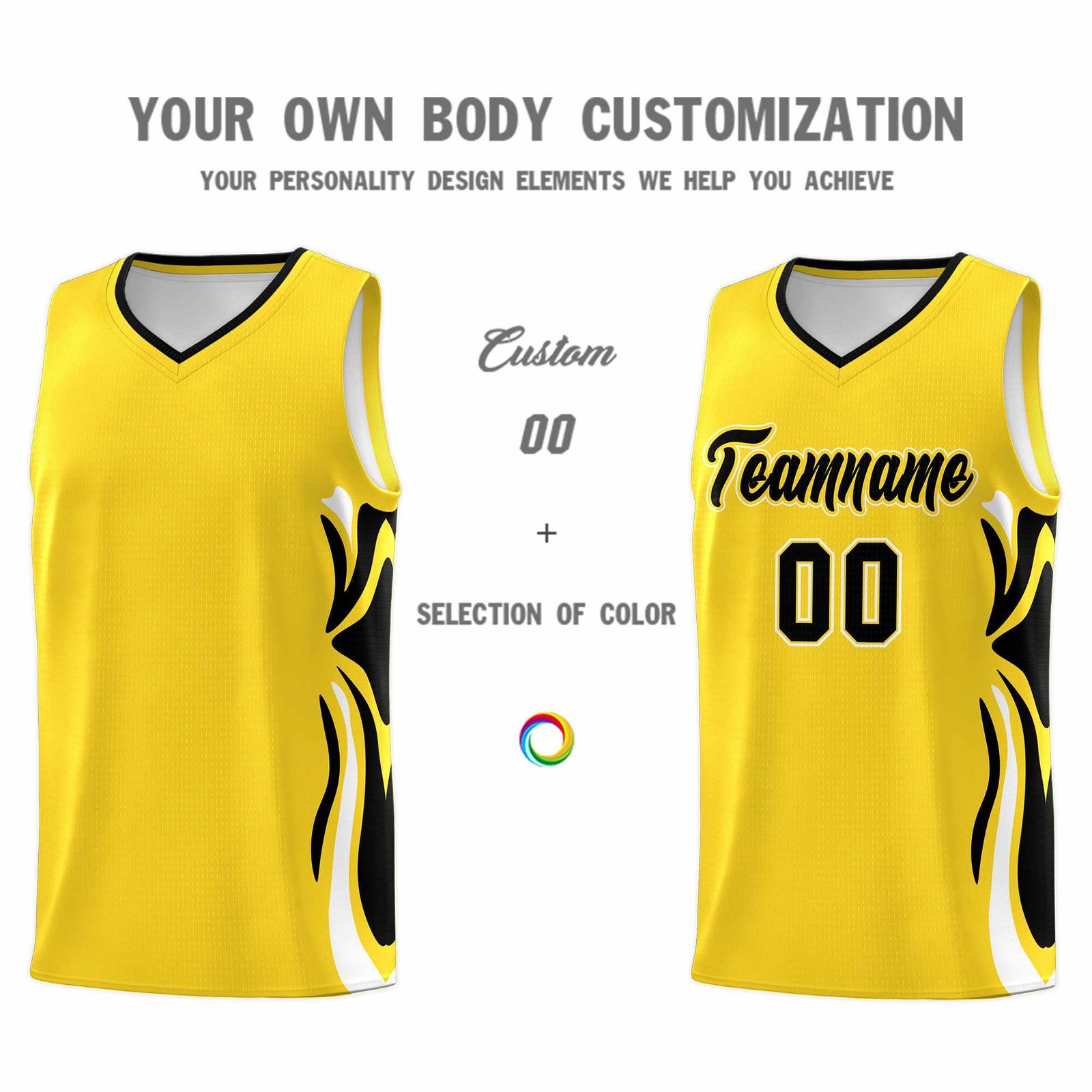 Custom Gold Black-White Graffiti Pattern Side Curve Pattern Sports Uniform Basketball Jersey Sets
