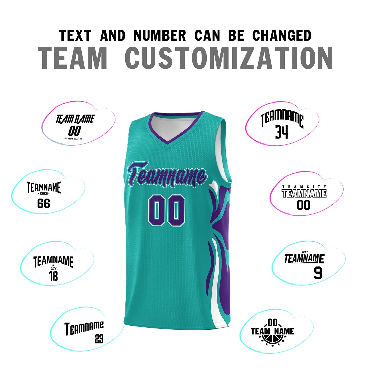 Custom Aqua Purple-White Graffiti Pattern Side Curve Pattern Sports Uniform Basketball Jersey Sets