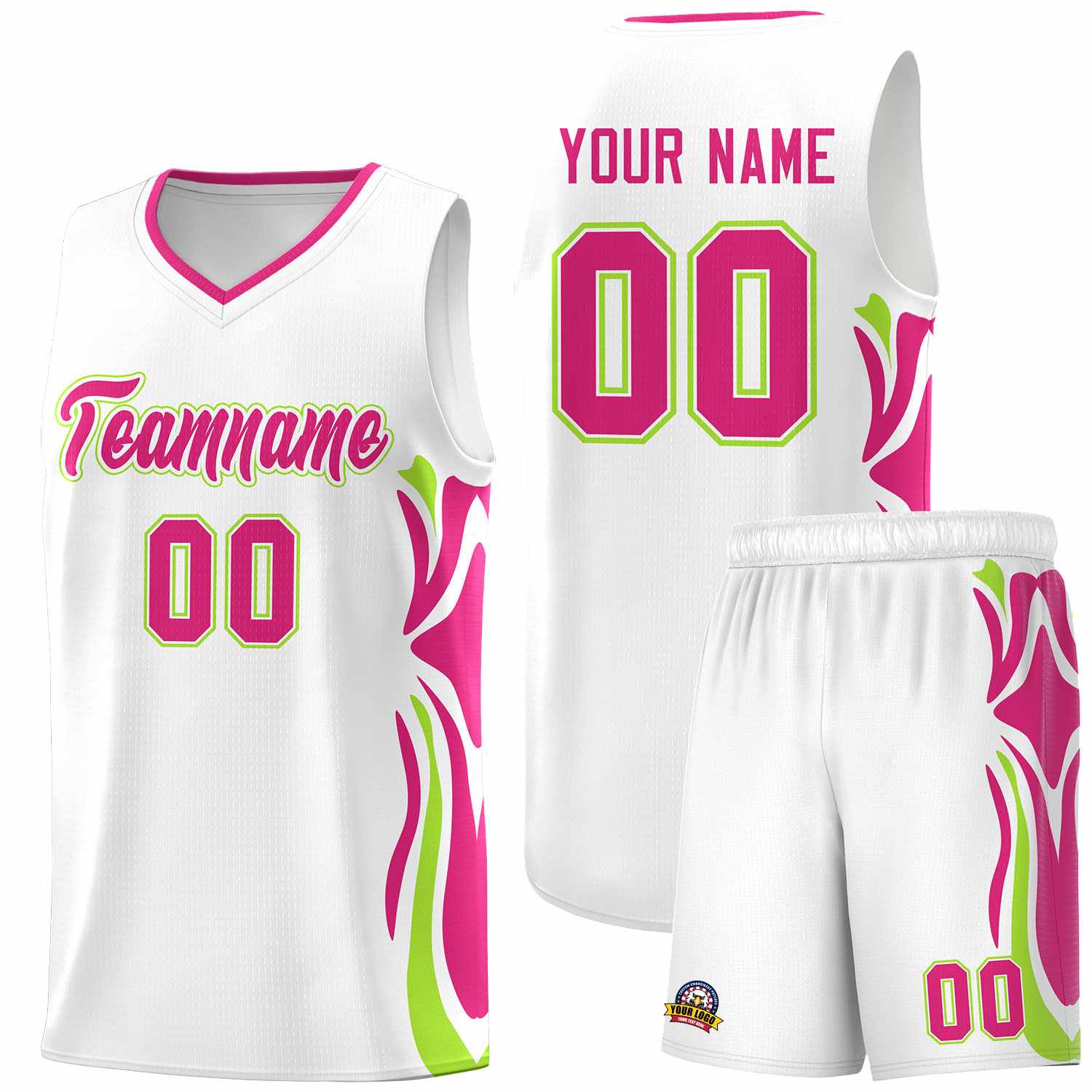 Custom White Pink-Light Green Graffiti Pattern Side Curve Pattern Sports Uniform Basketball Jersey Sets