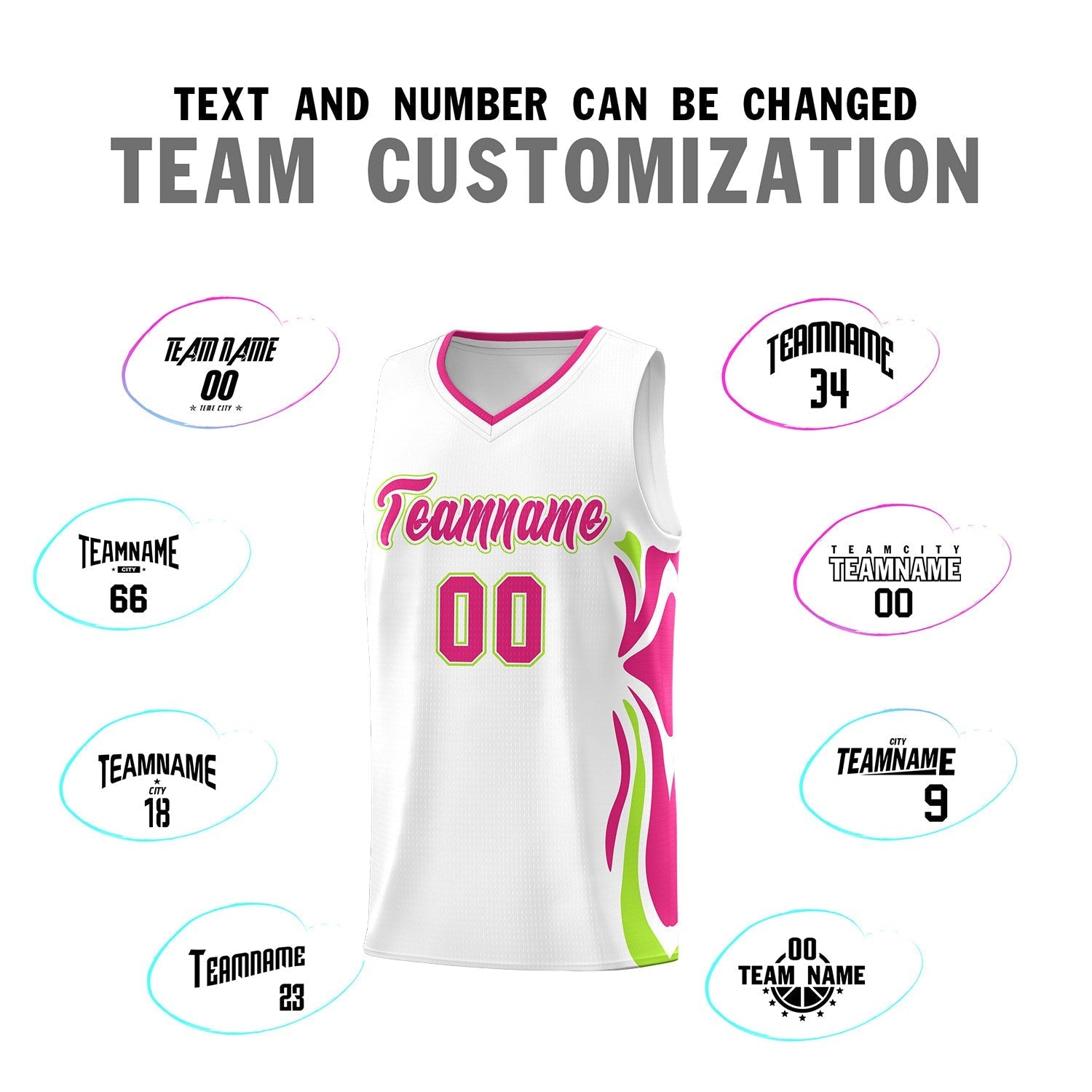 Custom White Pink-Light Green Graffiti Pattern Side Curve Pattern Sports Uniform Basketball Jersey Sets