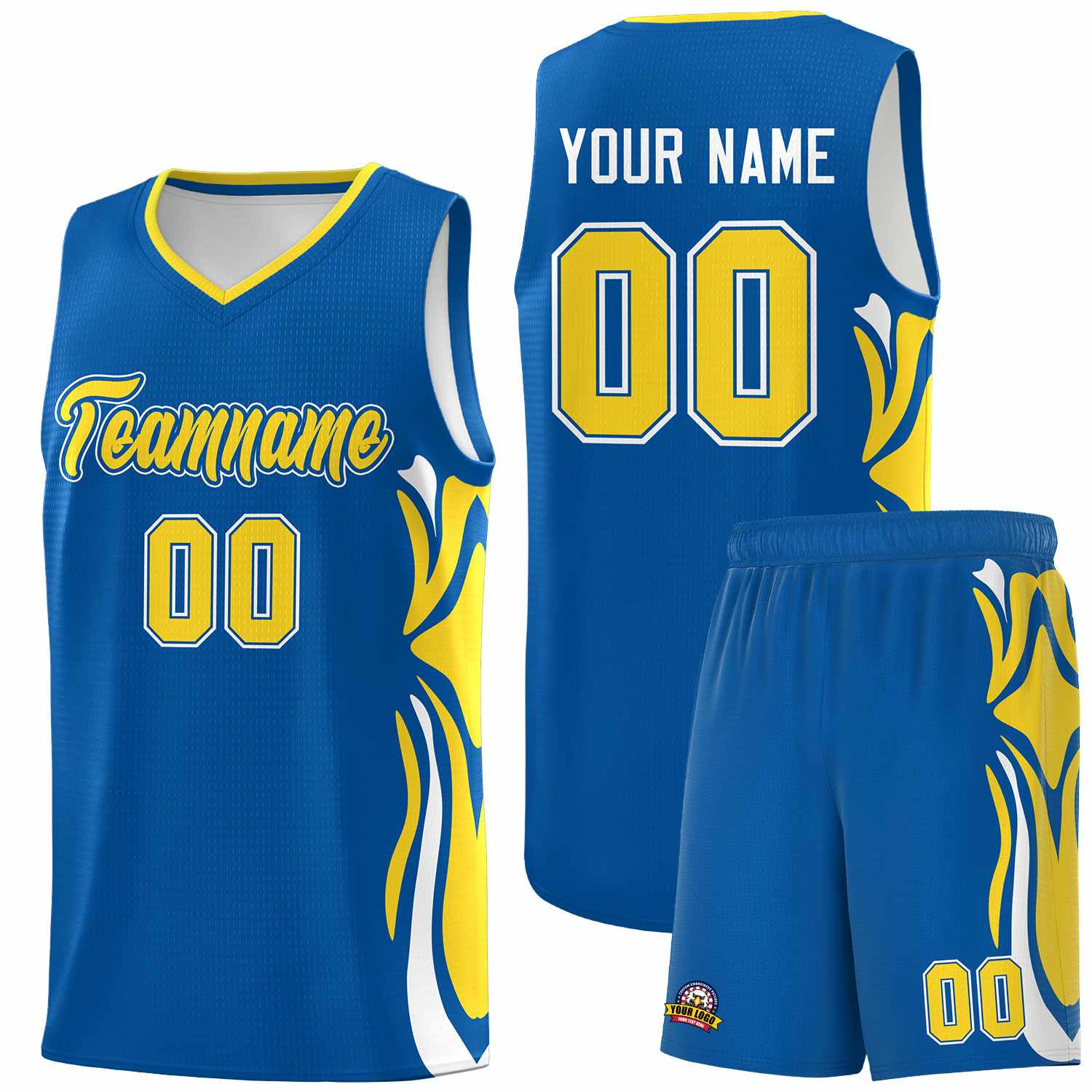 Custom Royal Gold-White Graffiti Pattern Side Curve Pattern Sports Uniform Basketball Jersey Sets